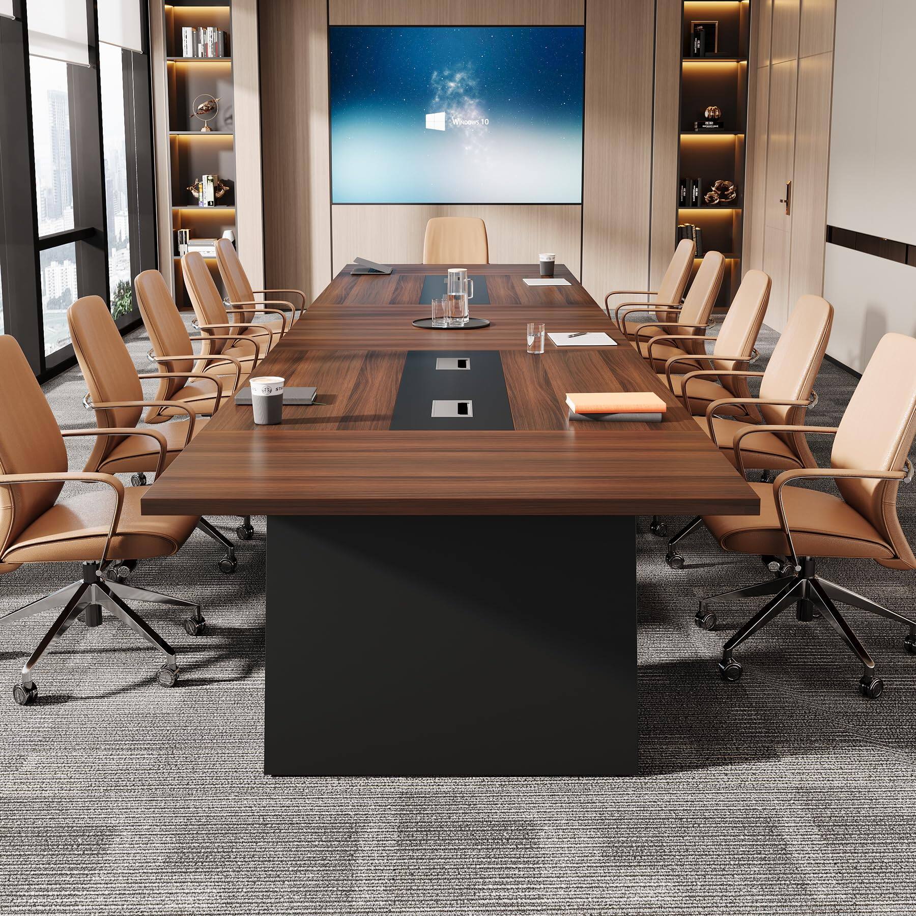 Alt View 1. Tribesigns - 94.5-Inch Conference Table with Cable Management Grommets and Metal Frame for Office Meeting Rooms - Walnut + Black.