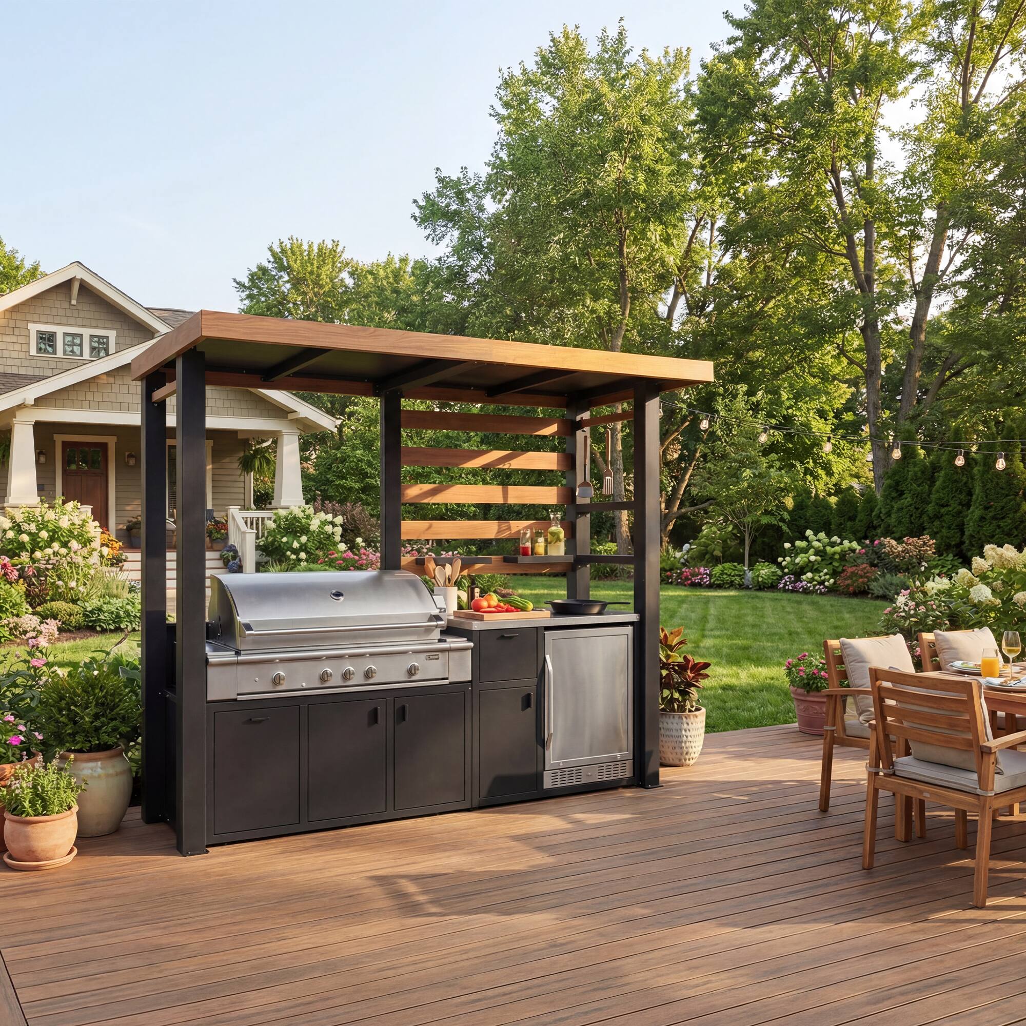 Alt View 7. Famapy - Heavy Duty Galvanized Steel Outdoor Grill Gazebo with Storage – Weatherproof BBQ Pavilion for Backyard Cooking - Wooden & Black.