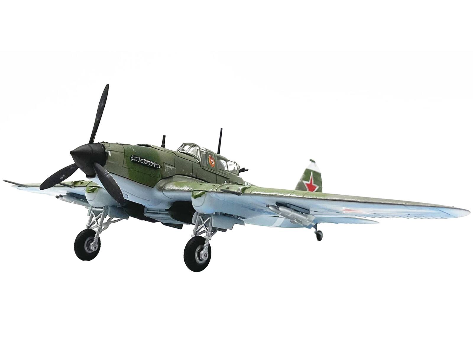 Left. Legion - Ilyushin IL-2M3 Sturmovik Aircraft #100 Green Camouflage Piloted by Vasily Emelyanenko Soviet Air Force 1/72 &  Airplane - Green.
