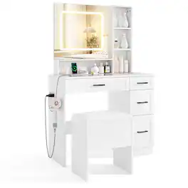 Costway - 35.5" Makeup Table Set Vanity Desk with Mirror and Lights 2 Open Shelves Glass Top - White