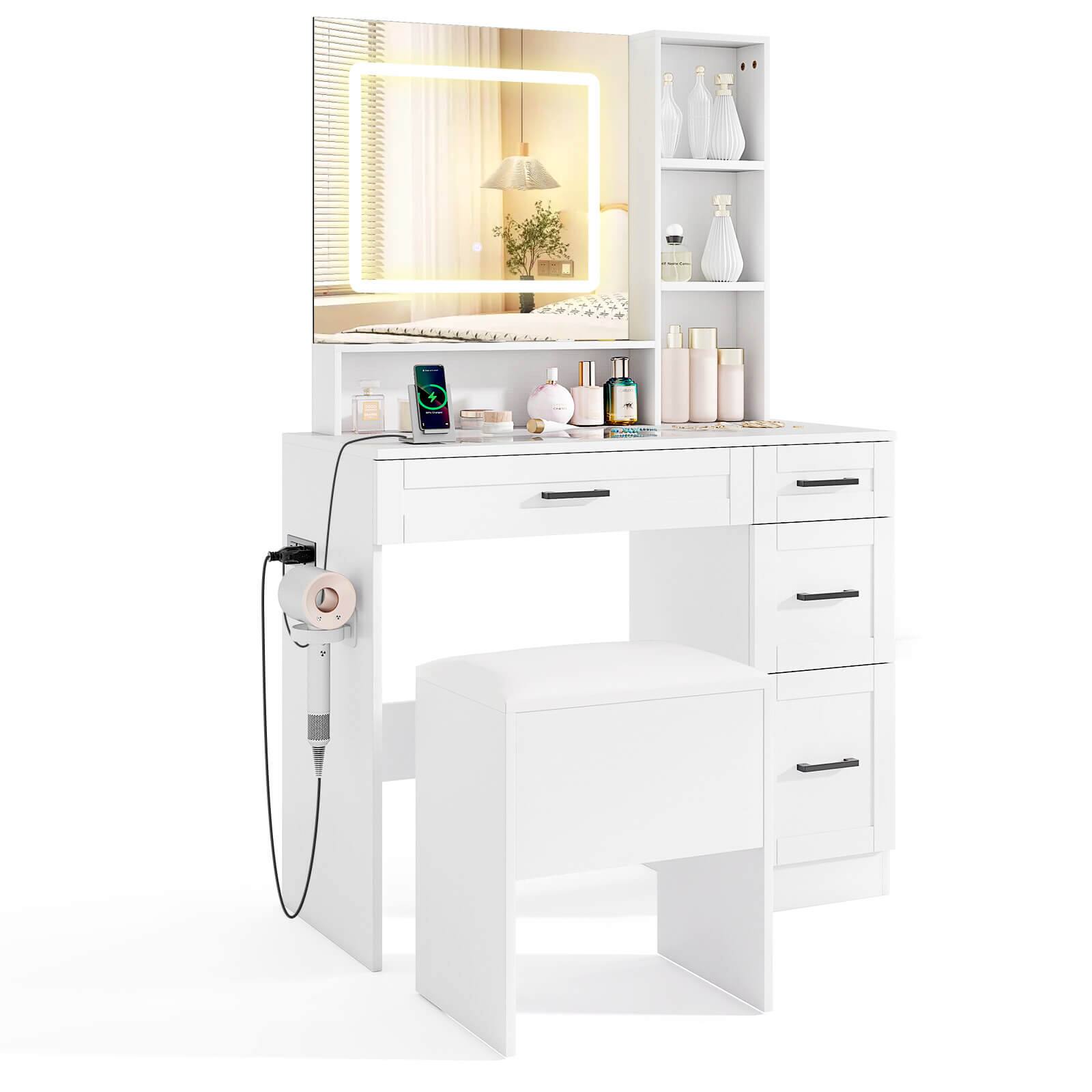 Front. Costway - Costway 35.5" Makeup Table Set Vanity Desk with Mirror and Lights 2 Open Shelves Glass Top - White.