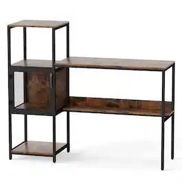 Pefilos - Computer Desk with Bookshelf - Metal Frame Mesh Storage Cabinet, Home Office Storage Shelves, Rustic - Brown