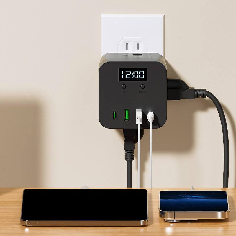 Alt View 4. Cluzine - US Plug Cube Socket Adapter 1-to-4 Outlets, Multi-Function Power Strip with USB Charging Ports - Black.