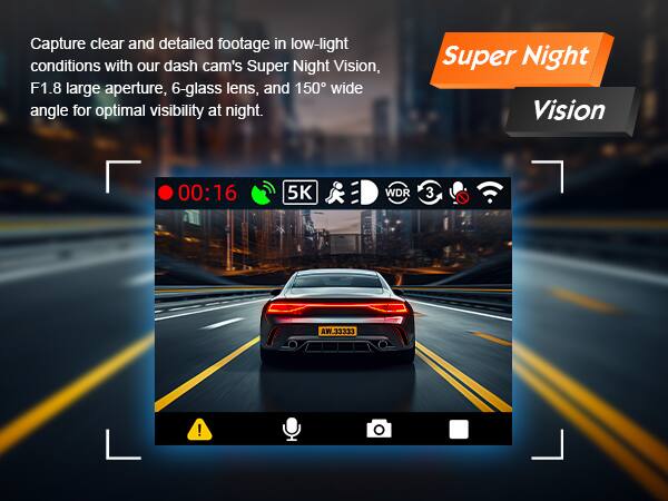 Capture clear and detailed footage in low-light conditions with our dash cam's Super Night Vision, F1.8 large aperture, 6-glass lens, and 150° wide angle for optimal visibility at night.

Super Night Vision  
00:16  
5K WDR 3 CEZCC.WA