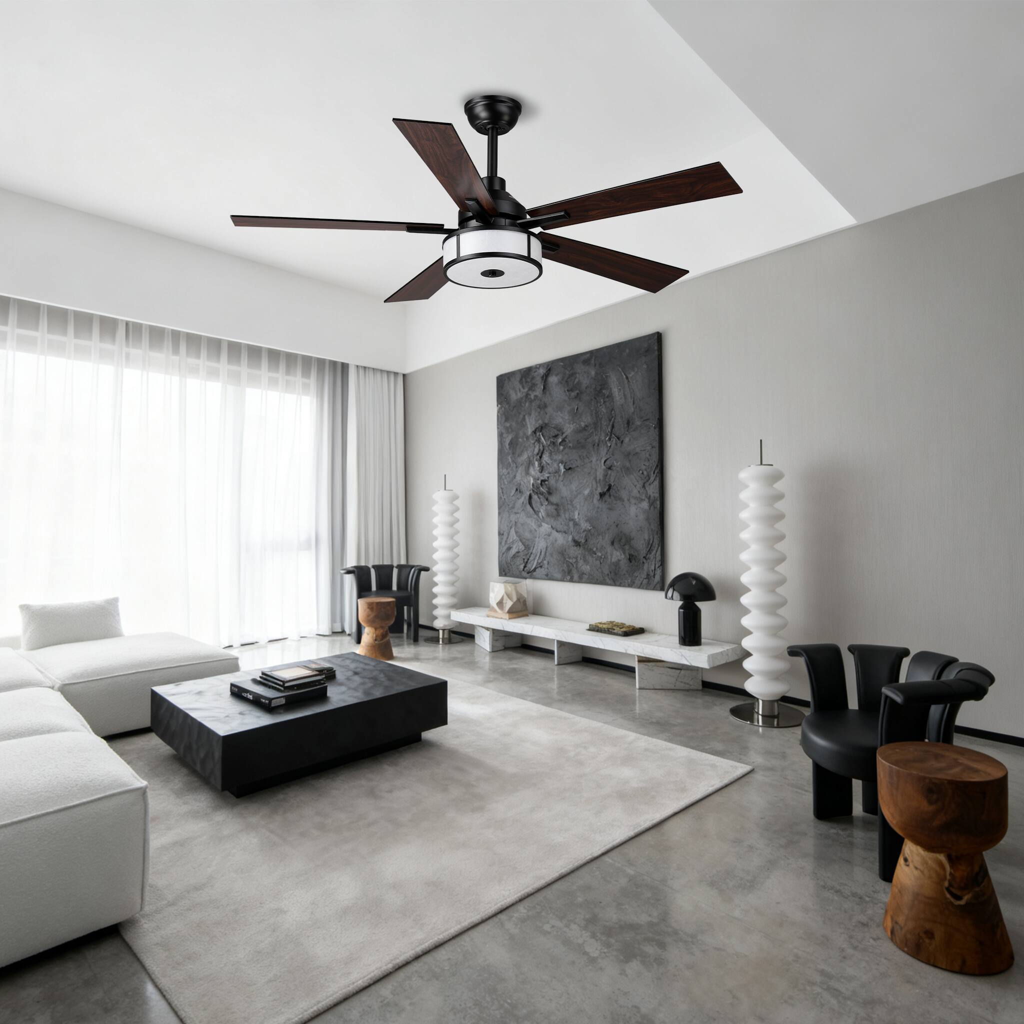 Angle. Parrot Uncle - 52" Black Modern LED Ceiling Fan with Light and Remote - Black.