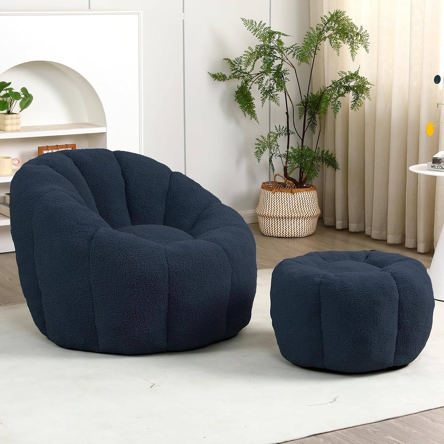 Front. Trinkets Crazed - Tufted Teddy Plush Bean Bag Chair & Footrest Ottoman, Oversized Comfy Lounge Sofa - dark blue.