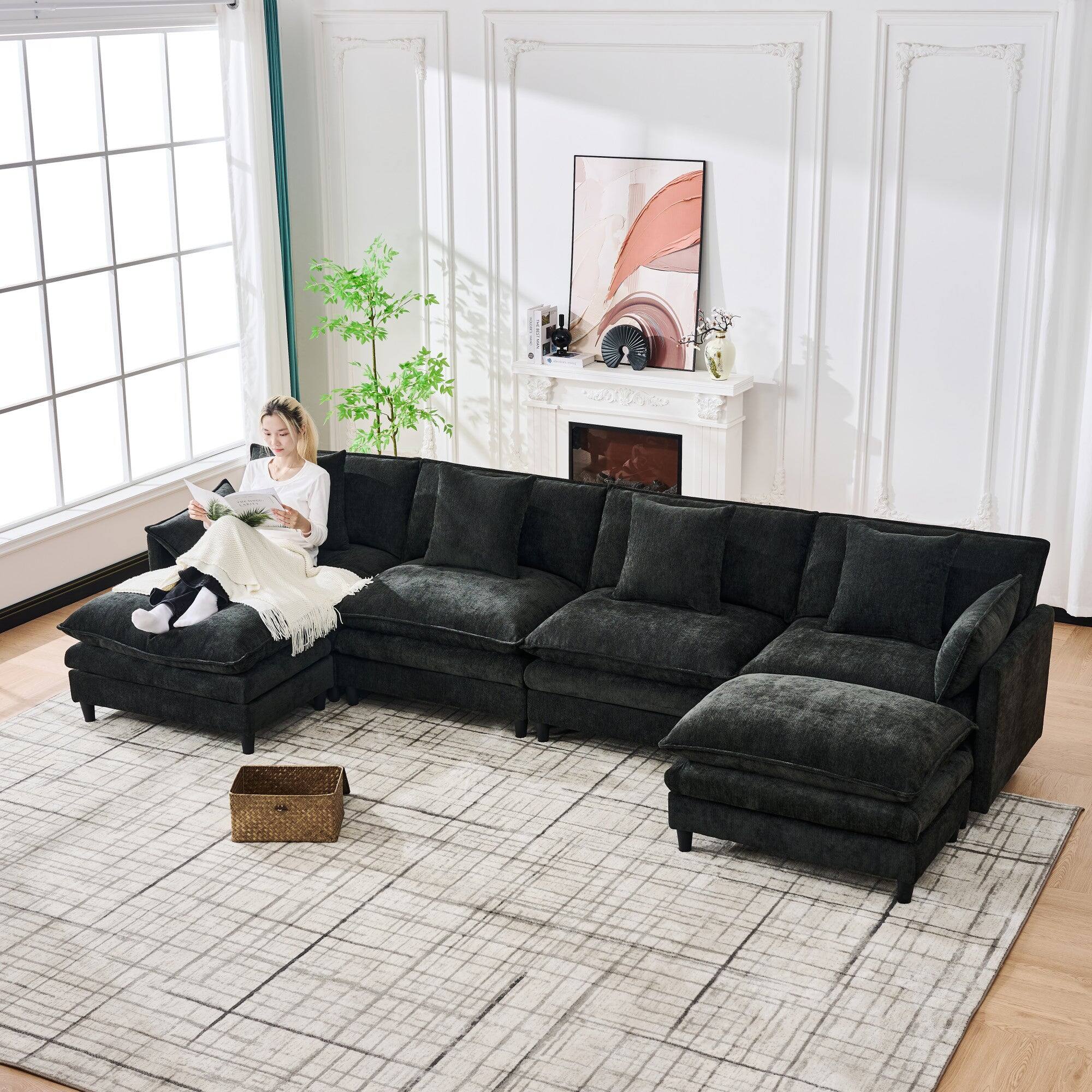 Alt View 1. Boyel Living - 140.9In Black Cashmere U-Shaped Sofa with 2 Ottomans 4 Cushions&2 Pillows - Black.