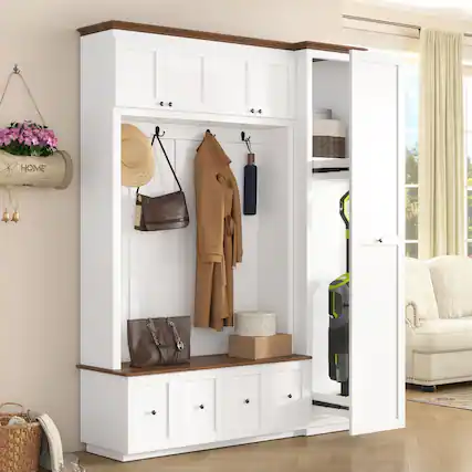 Front. Loheer - Loheer White Hall Tree with Storage Bench Farmhouse Coat Rack 78.7 Inch - White.