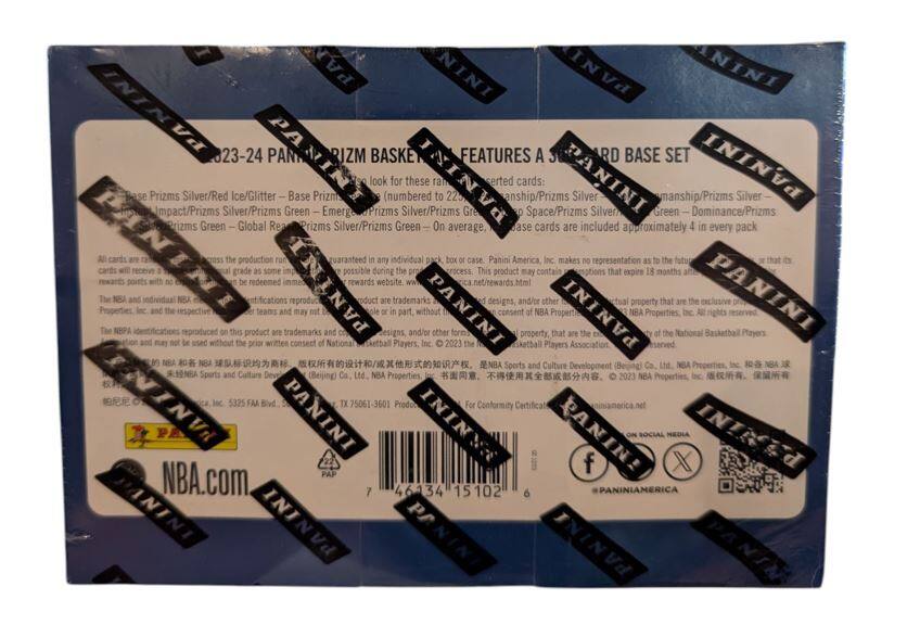 **Panini Prizm Basketball 2023-24**

**Features a Base Set**

- **Base Prizms Silver/Red Ice/Glitter** – Base Prizm look (numbered to 223)
- **Impact/Prizms Silver/Prizms Green** – Emergence/Prizms Silver/Prizms Green
- **Space/Prizms Silver/Prizms Green** – Dominance/Prizms Green
- **Global Reach/Prizms Silver/Prizms Green**

On average, 4 base cards are included in every pack.

**Panini America Inc.** makes no representation as to the grade or condition of the cards. This product may contain cards that expire 18 months after the date of purchase. Rewards points may be redeemed on the Panini rewards website at panini.net/rewards.htm.

**NBA Properties, Inc.** and individual NBA team trademarks and logos reproduced on this product are the exclusive property of NBA Properties, Inc. and are used with permission. © 2023 NBA Properties, Inc. All rights reserved.

**Panini America Inc.**  
5325 FAA Blvd.  
TX 75