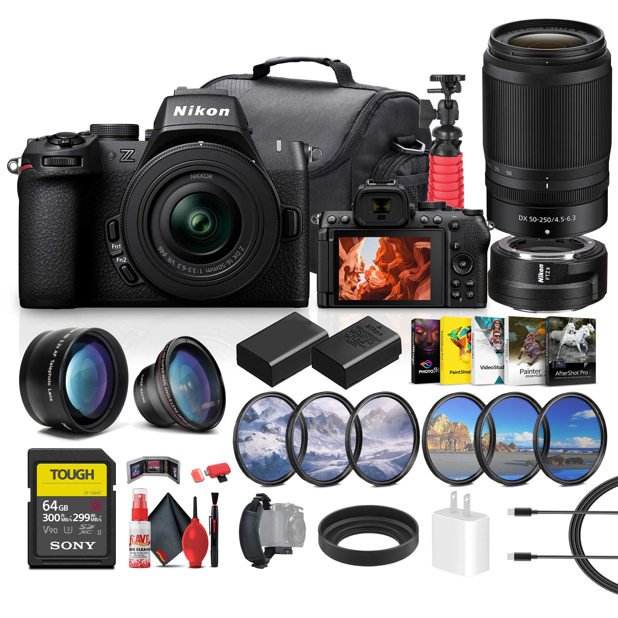Nikon Z NIKKOR 50-250mm 1:3.5-6.3 DX  
Nikon 1214 T. Talaghote  
VideoStudio  
PaintShop  
AfterShot Pro  
Tough 64GB 300MB/s V90 UHS-II  
SONY AVE  
Nikon DX 50-250/4.5-6.3 DX  
Nikon