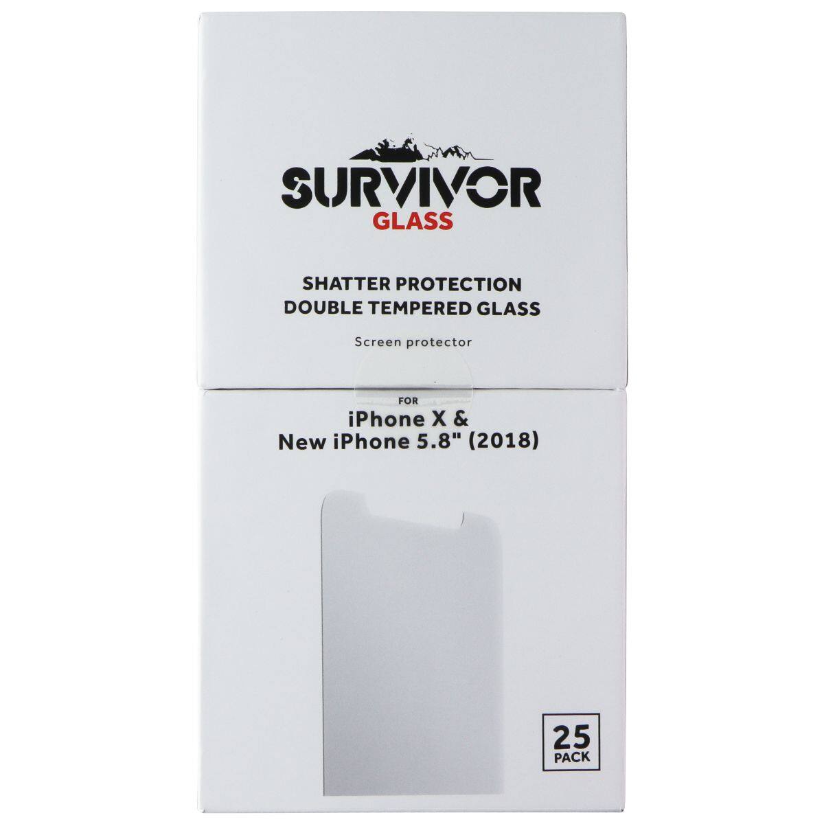 SURVIVOR GLASS SHATTER PROTECTION DOUBLE TEMPERED GLASS Screen protector FOR iPhone X & New iPhone 5.8" (2018) 25 PACK