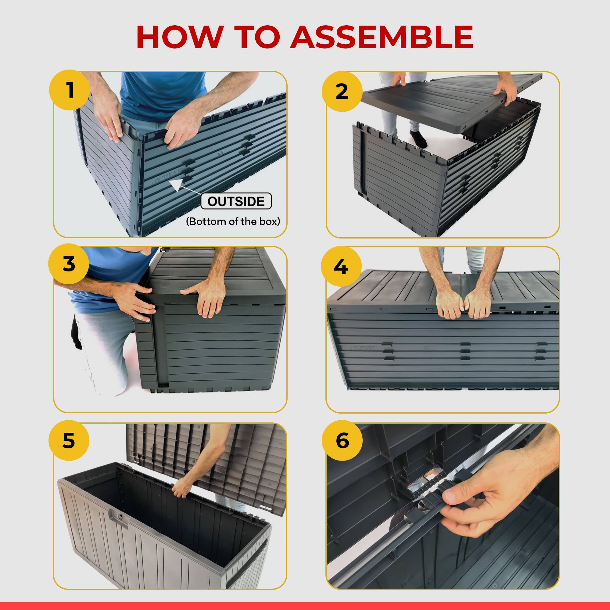 Sure, here is the corrected and grouped text from the image:

---

**HOW TO ASSEMBLE**

1.  
   (Bottom of the box)

2.  

3.  

4.  

5.  

6.  

---