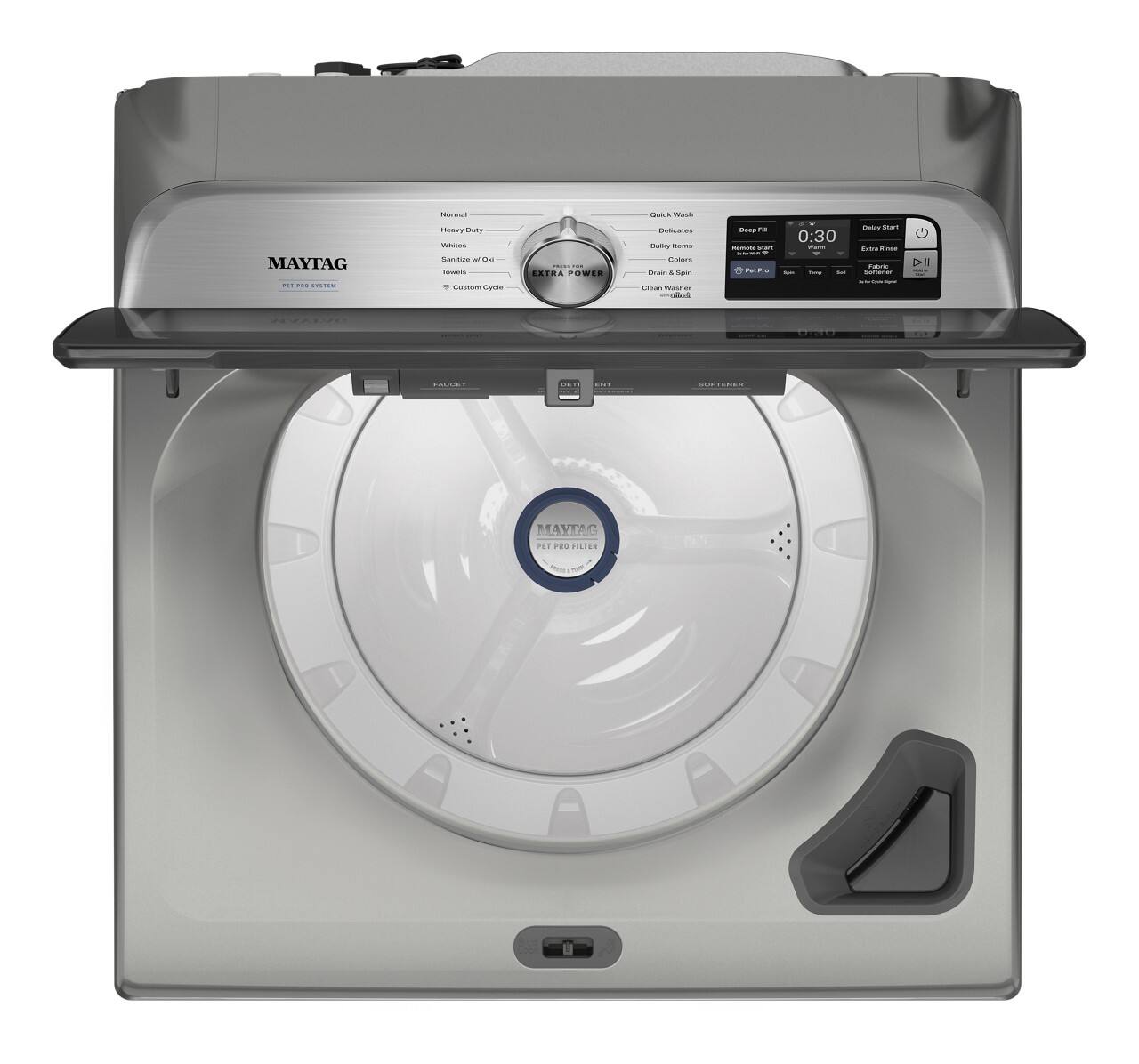 Sure, here is the corrected and grouped text from the image:

---

**MAYTAG**

**HEAVY DUTY WASH**

**Normal**  
**Heavy Duty**  
**Whites**  
**Sanitize w/ Oxi**  
**Towels**  
**Custom Cycle**

**EXTRA POWER**

**Quick Wash**  
**Delicates**  
**Bulky Items**  
**Colors**  
**Drain & Spin**  
**Clean Washer**

**0:30**  
**Daily Start**  
**Extra Rinse**  
**Download App**  
**Remote Start**  
**Pause**  
**Power**  
**Off**  
**Delay Start**

**PET FILTER**

**MAYTAG**

**PET PROTECTION**

**MAYTAG**

**MAYTAG**

**MAYTAG**

**MAYTAG**

**MAYTAG**

**MAYTAG**

**MAYTAG**

**MAYTAG**

**MAYTAG**

**MAYTAG**

**MAYTAG**

**MAYTAG**

**MAYTAG**

**MAYTAG**

**MAYTAG**

**MAYTAG**

**MAYTAG**

**MAYTAG**

**MAYTAG**

**MAYTAG