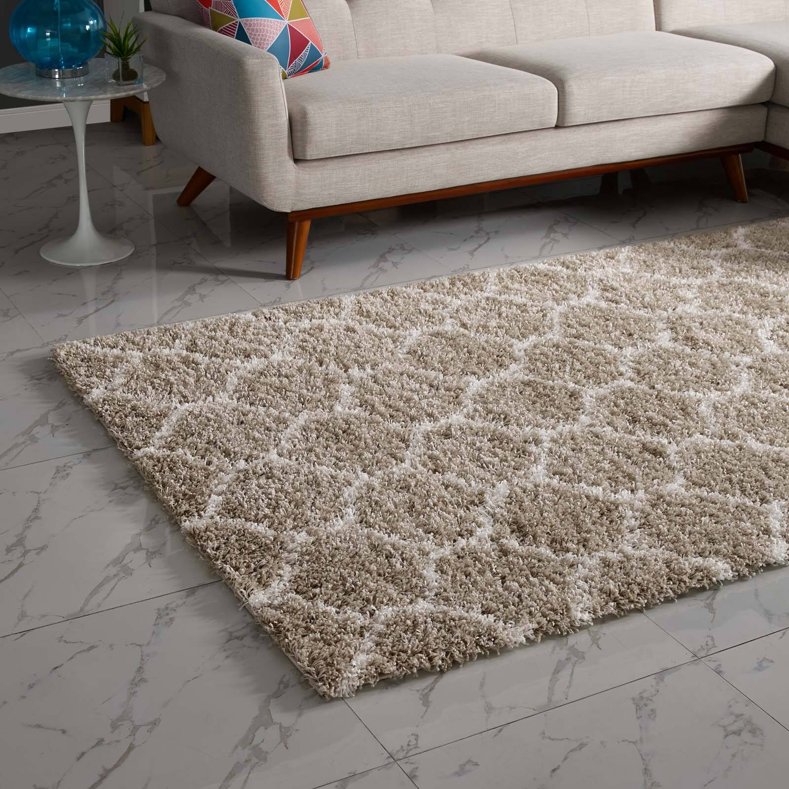 Left. Modway - Solvea Moroccan Trellis Shag Area Rug - Beige and Ivory.