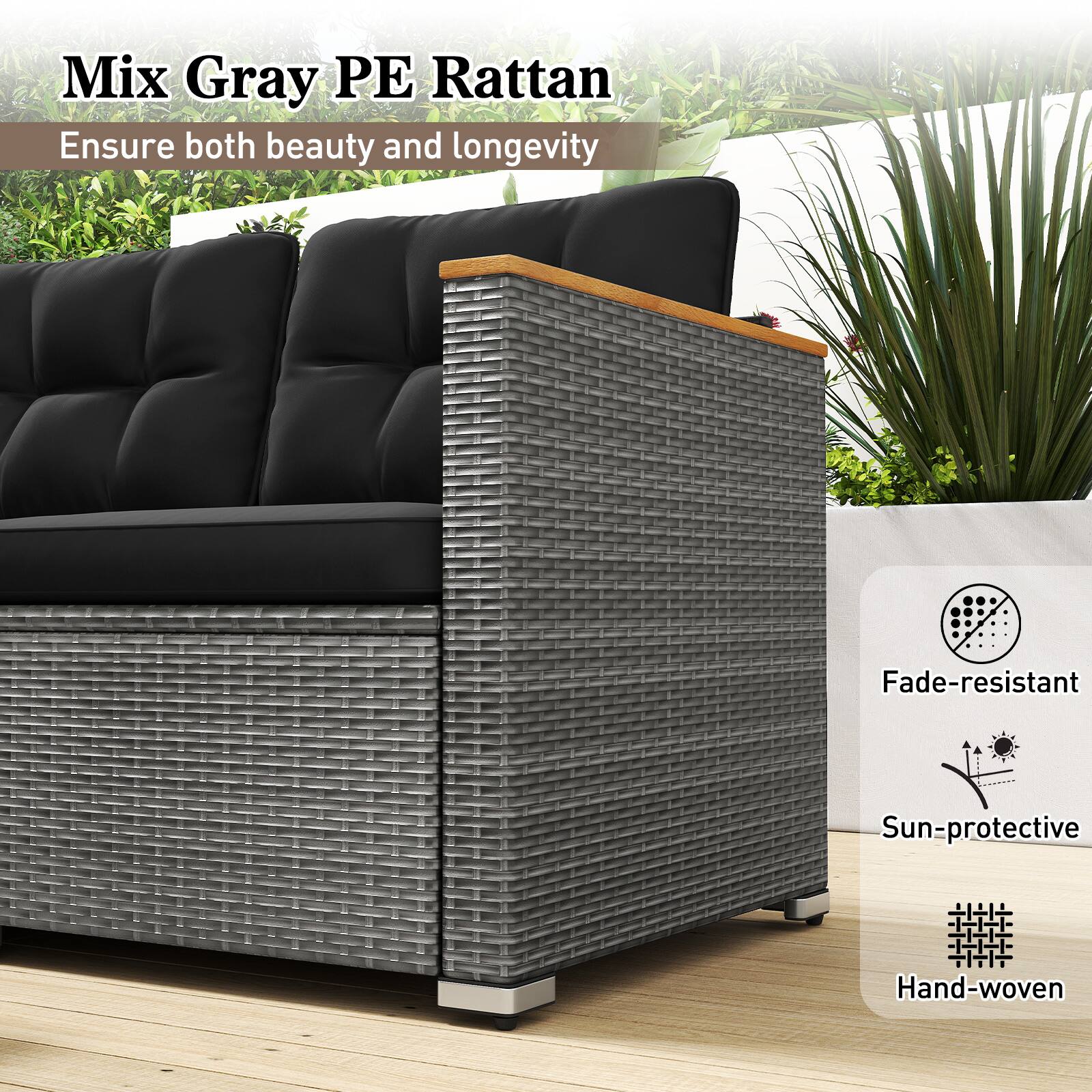 Mix Gray PE Rattan  
Ensure both beauty and longevity  

- Fade-resistant  
- Sun-protective  
- Hand-woven