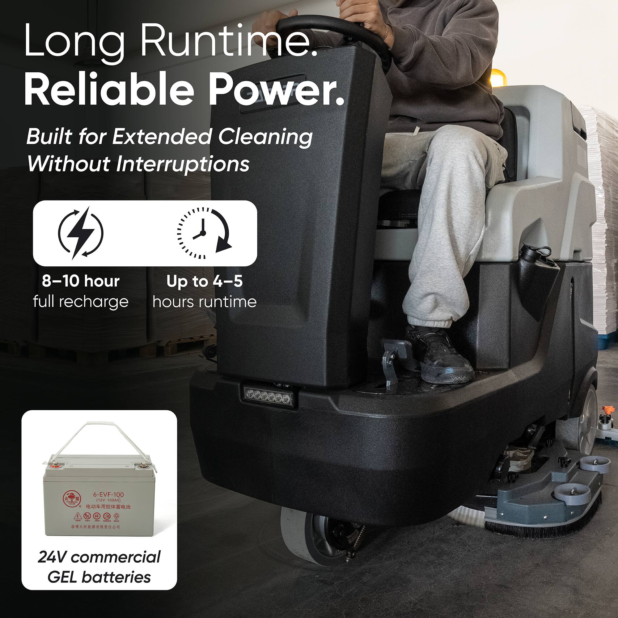 Long Runtime. Reliable Power.  
Built for Extended Cleaning Without Interruptions  
8-10 hour full recharge  
Up to 4-5 hours runtime  
6-EVF-100  
24V commercial GEL batteries