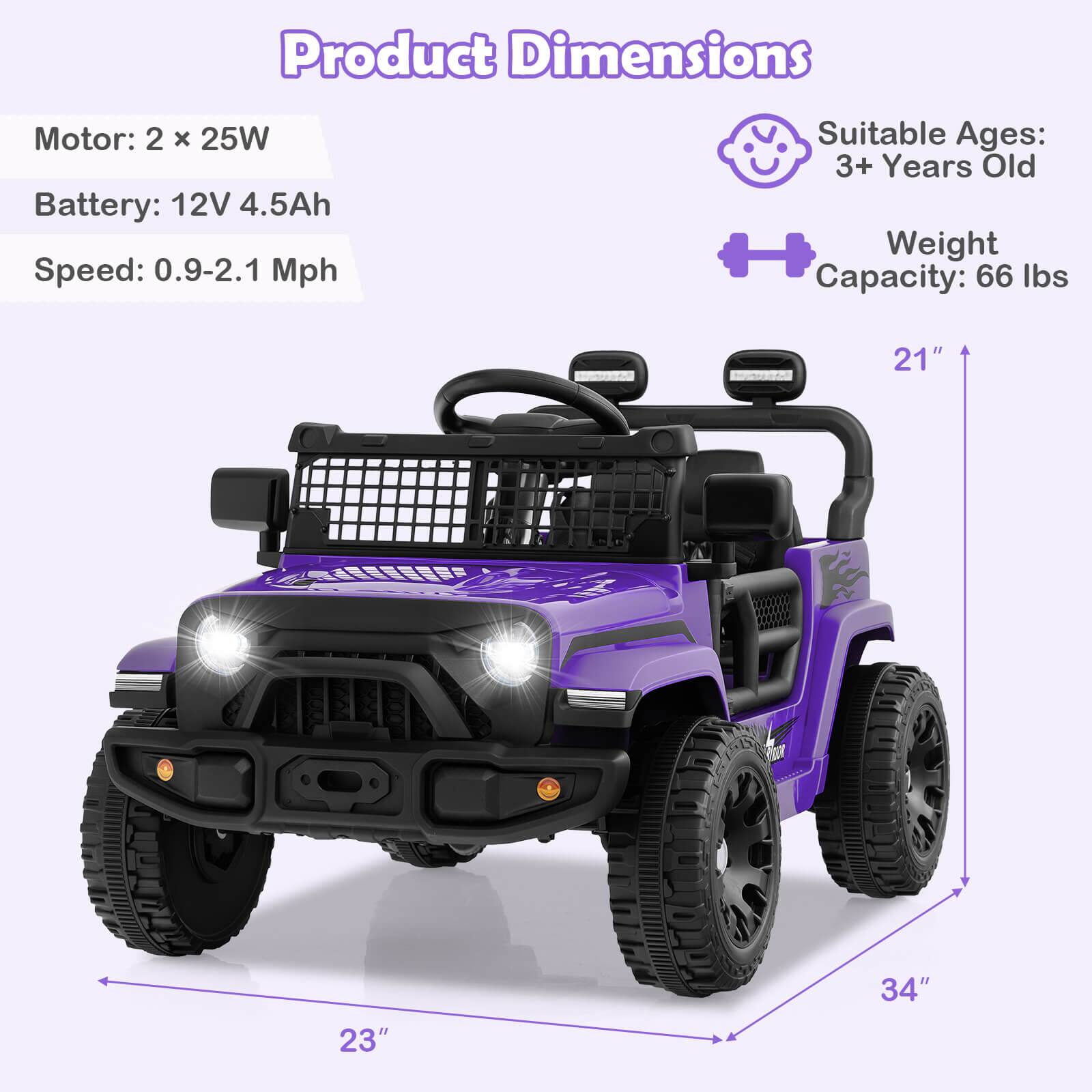 Product Dimensions

Motor: 2 x 25W  
Battery: 12V 4.5Ah  
Speed: 0.9-2.1 Mph  

Suitable Ages: 3+ Years Old  
Weight Capacity: 66 lbs  

Dimensions:  
21" (height)  
23" (width)  
34" (length)