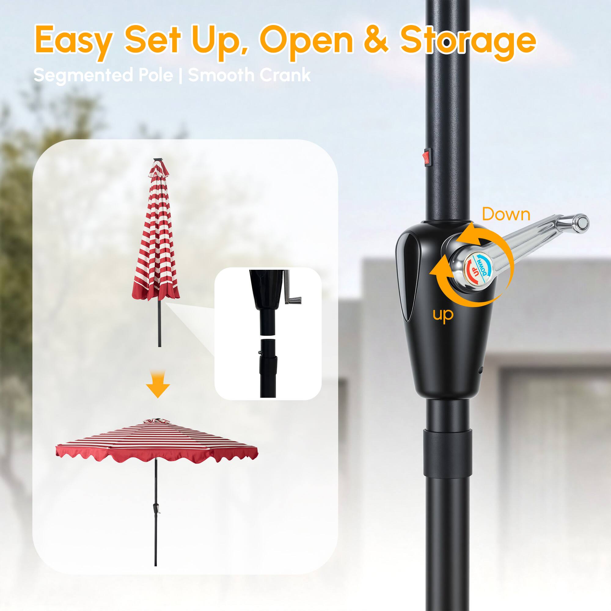 Easy Set Up, Open & Storage  
Segmented Pole | Smooth Crank  
Up  
Down