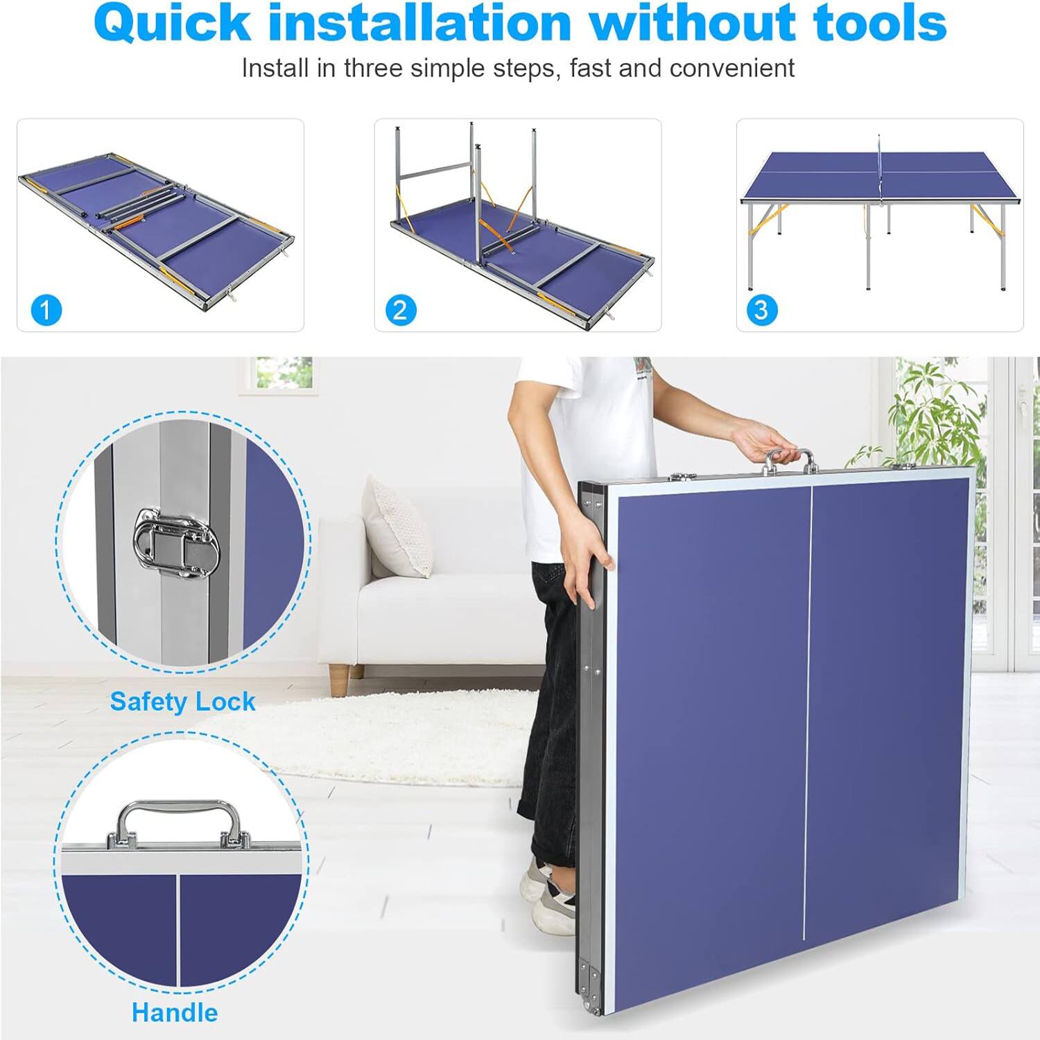 Quick installation without tools  
Install in three simple steps, fast and convenient  

1  
2  
3  

Safety Lock  
Handle