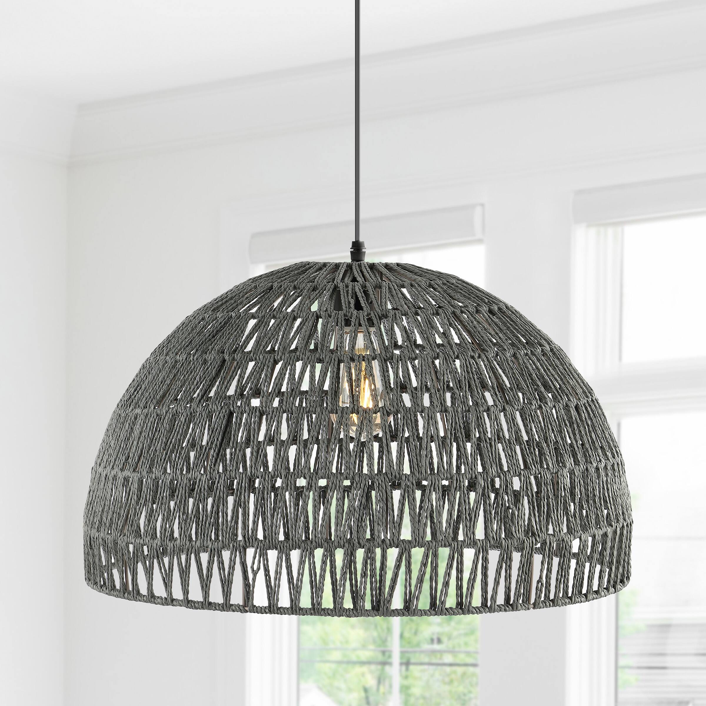 Alt View 1. Jonathan Y - Campana 20" 1-Light Bohemian Modern Woven Rope/Iron LED Pendant, Gray - Gray.