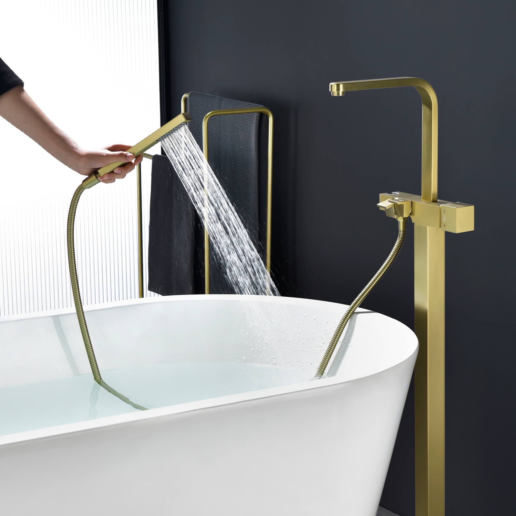 Alt View 4. Boyel Living - Brushed Gold Bathtub Faucet Solid Brass Single Handle 360° Swivel Handheld Spray - Brushed Gold.