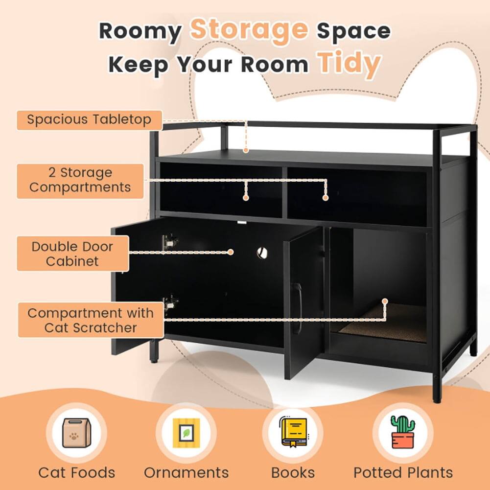 Roomy Storage Space  
Keep Your Room Tidy  

- Spacious Tabletop  
- 2 Storage Compartments  
- Double Door Cabinet  
- Compartment with Cat Scratcher  

- Cat Foods  
- Ornaments  
- Books  
- Potted Plants