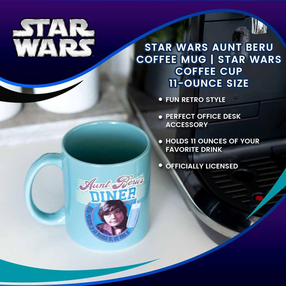 STAR WARS AUNT BERU COFFEE MUG | STAR WARS COFFEE CUP 11-OUNCE SIZE

- FUN RETRO STYLE
- PERFECT OFFICE DESK ACCESSORY
- HOLDS 11 OUNCES OF YOUR FAVORITE DRINK
- OFFICIALLY LICENSED

Aunt Beru's Diner  
PROVINCETOWN BLUE OIL