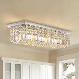 Siljoy - 31.5" 6-Light Linear Crystal Chandelier, Dimmable K9 Flush Mount Light for Dining Kitchen - Chrome