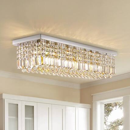 Front. Siljoy - 31.5" 6-Light Chrome Linear Crystal Chandelier, Dimmable K9 Flush Mount Light for Dining Kitchen - Chrome.