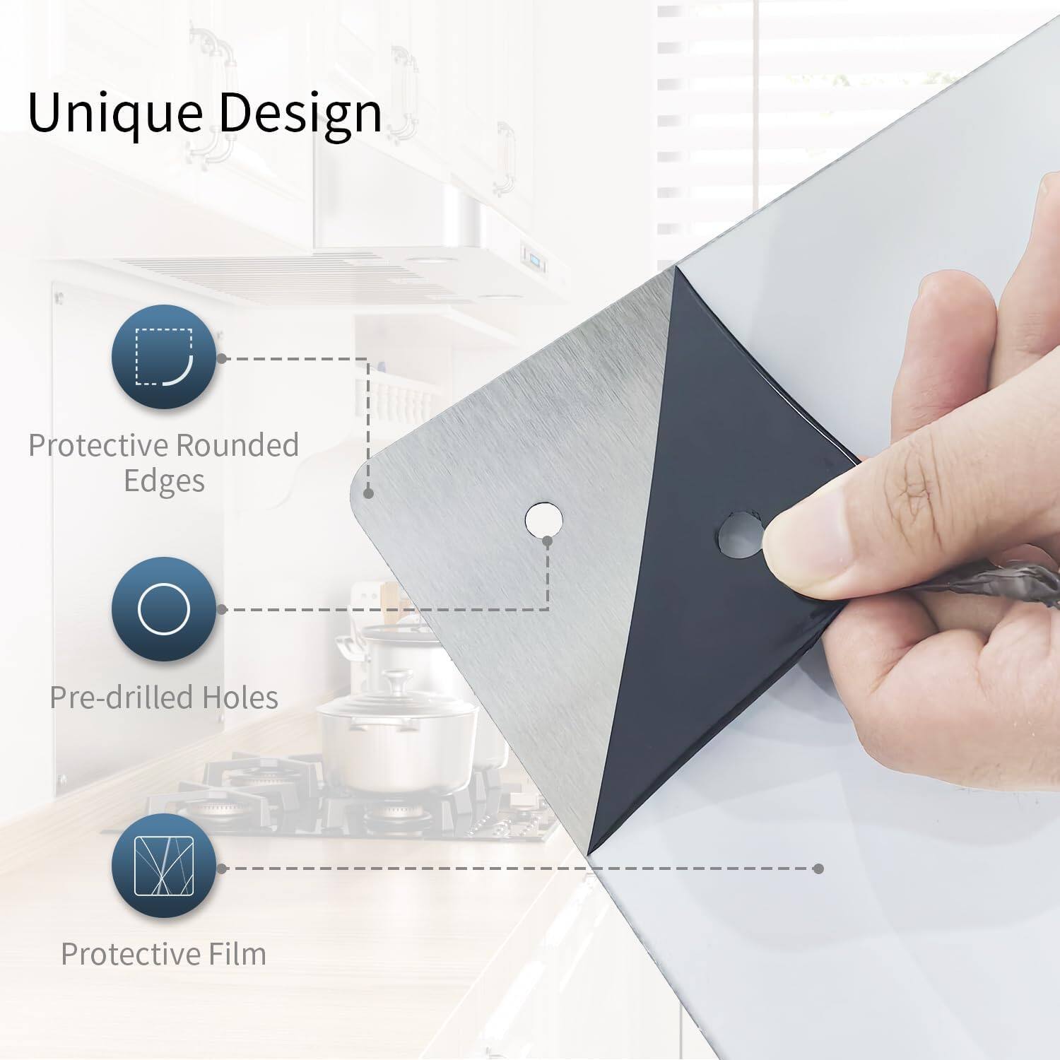 Unique Design  
Protective Rounded Edges  
Pre-drilled Holes  
Protective Film