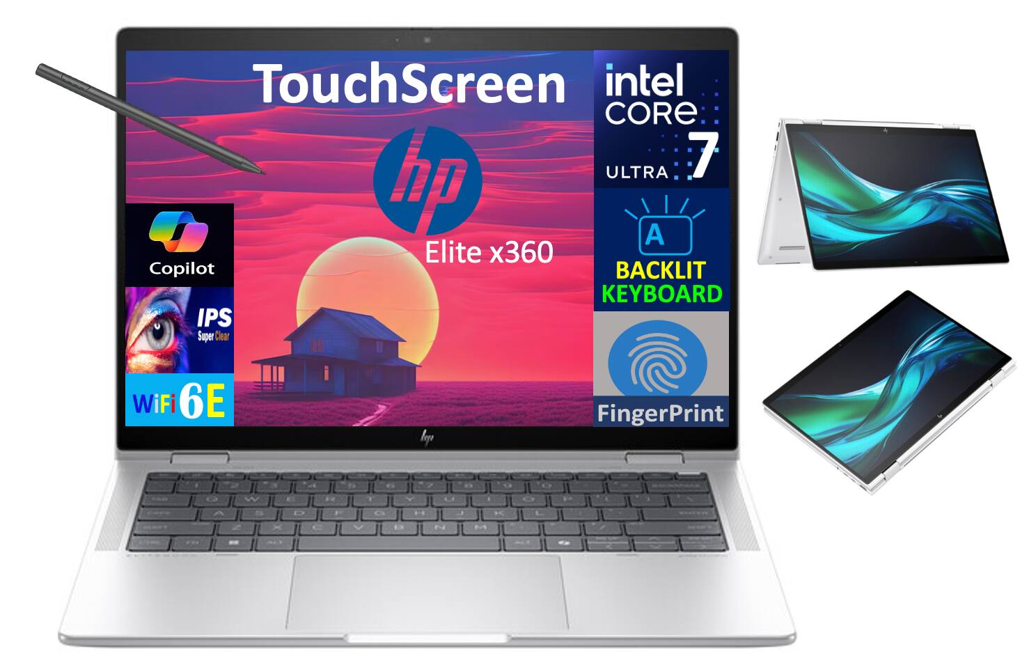TouchScreen  
Intel Core 7  
HP Elite x360  
Ultra Aird  
Backlit Keyboard  
IPS Super Clear  
WiFi 6E  
Fingerprint  
Copilot