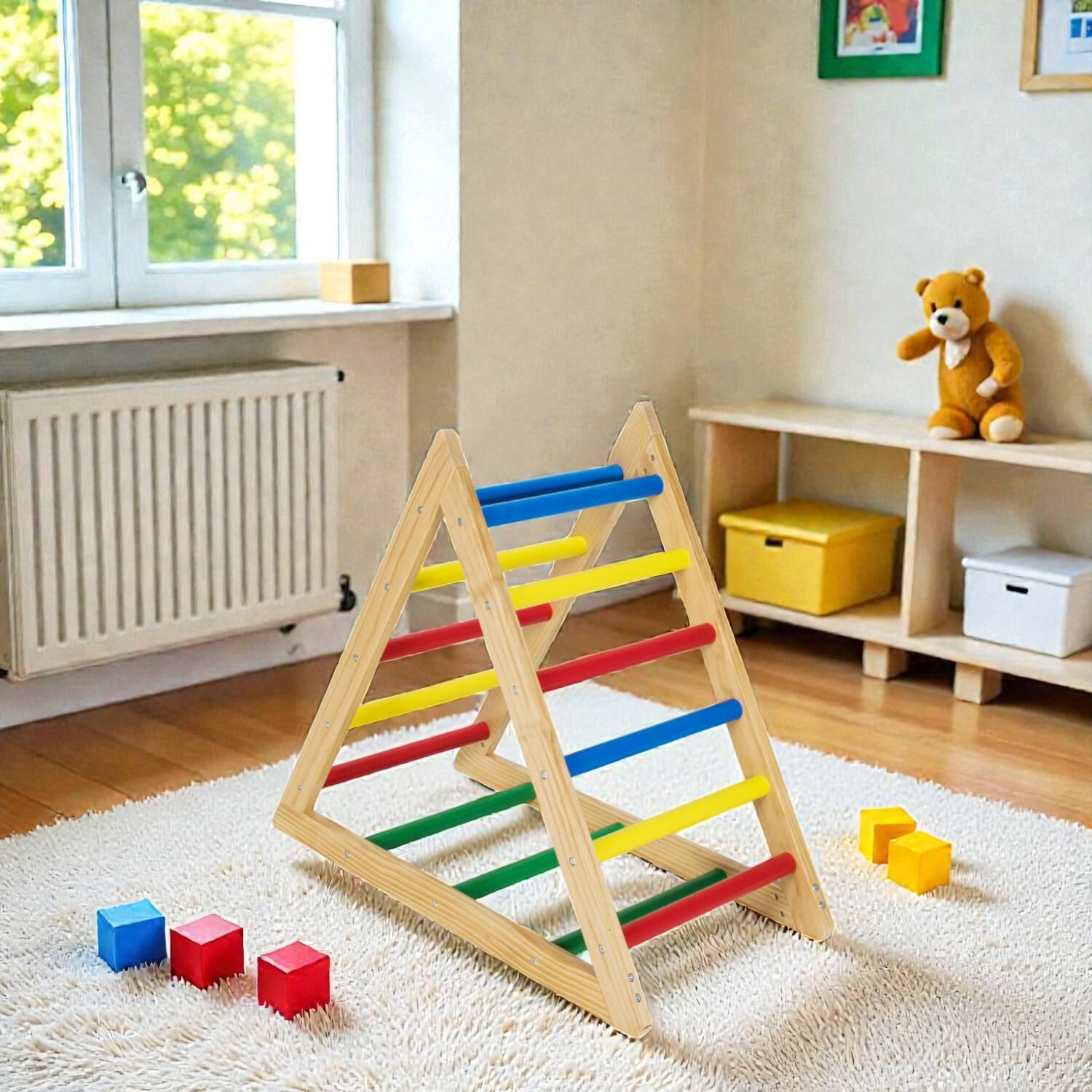 Front. BreeBe - 3-Level Toddler Triangle Climbing Playset with Wooden Indoor Climber - Multicolor.