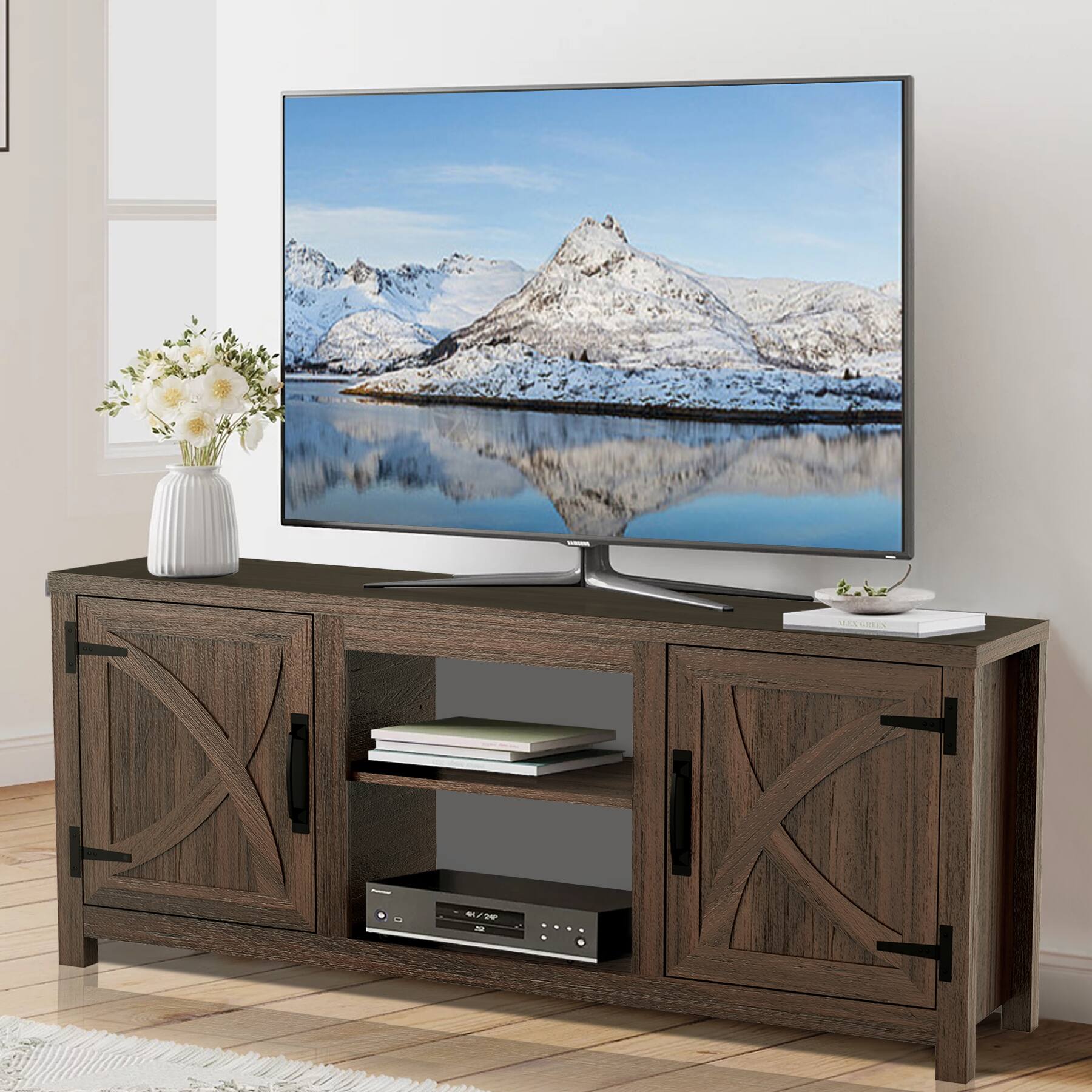 Back. Ihomeadore - 58" Farmhouse TV Stand with Open Storage Shelves and Cabinets for TV up to 65" - Brown.