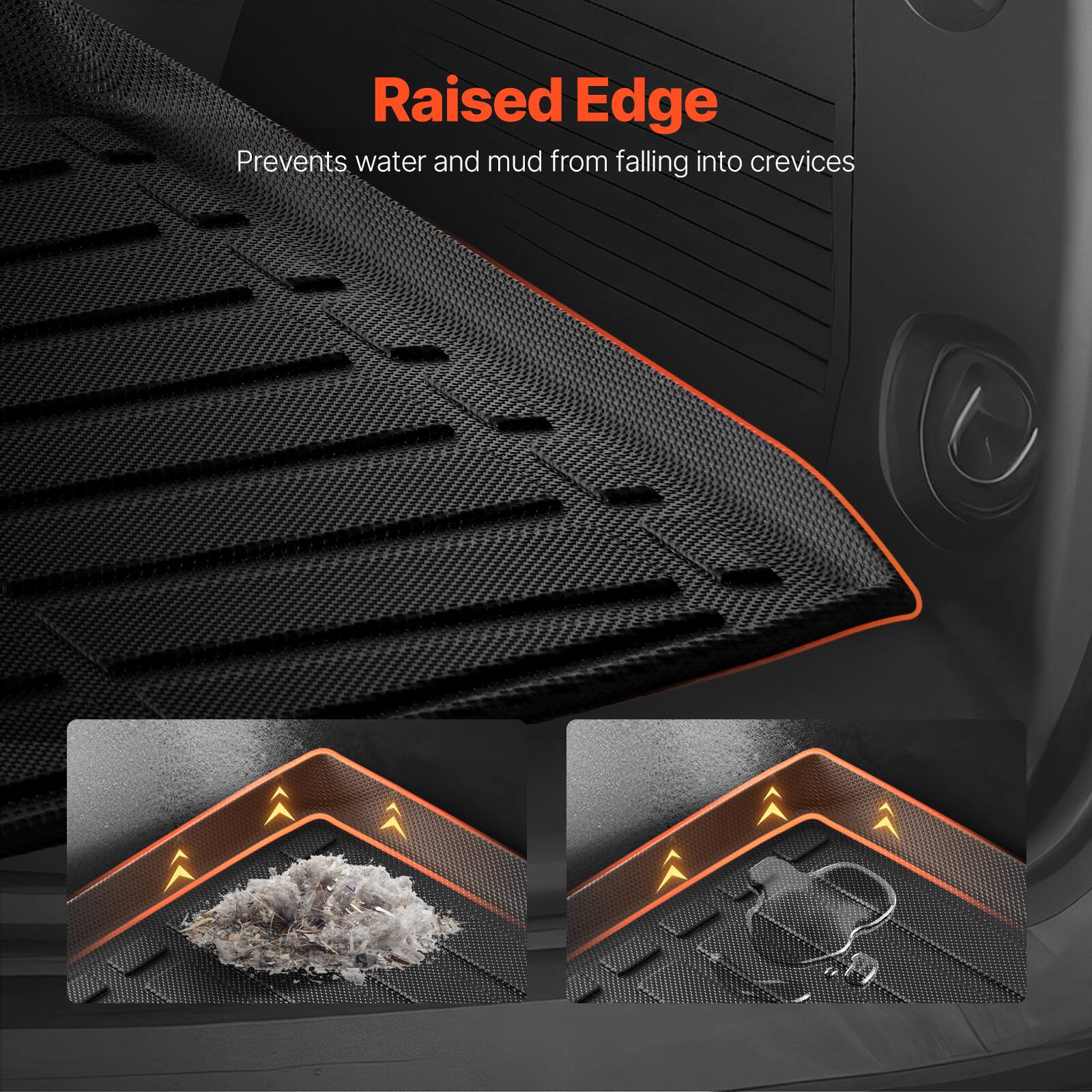 Raised Edge  
Prevents water and mud from falling into crevices