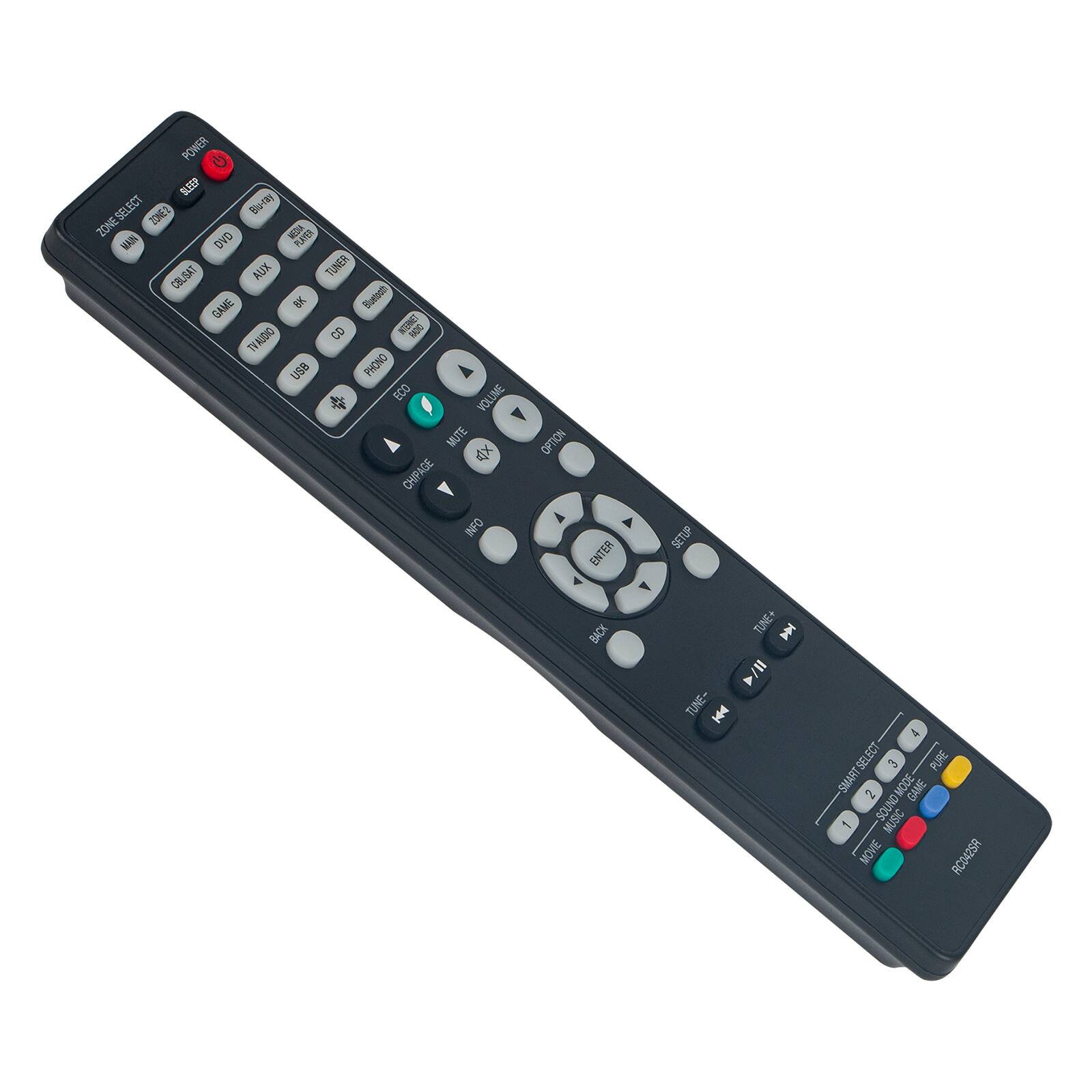 POWER SLEEP ZONE SELECT ZONE1  
DVD GAME AUX TUNER  
USB PHONO ECO VOLUME MUTE  
CHIPAGE INFO OPTION ENTER SETUP X TUNE+ /A TUNE-  
4 SELECT E PURE SMART ~ MODE GAME SOUND MUSIC - MOVIE  
AC0425A