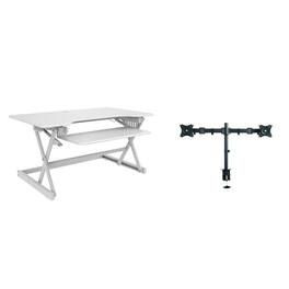Rocelco - 40" Large Height Adjustable Standing Desk Converter with Dual Monitor Mount BUNDLE, Retractable Keyboard Tray - White
