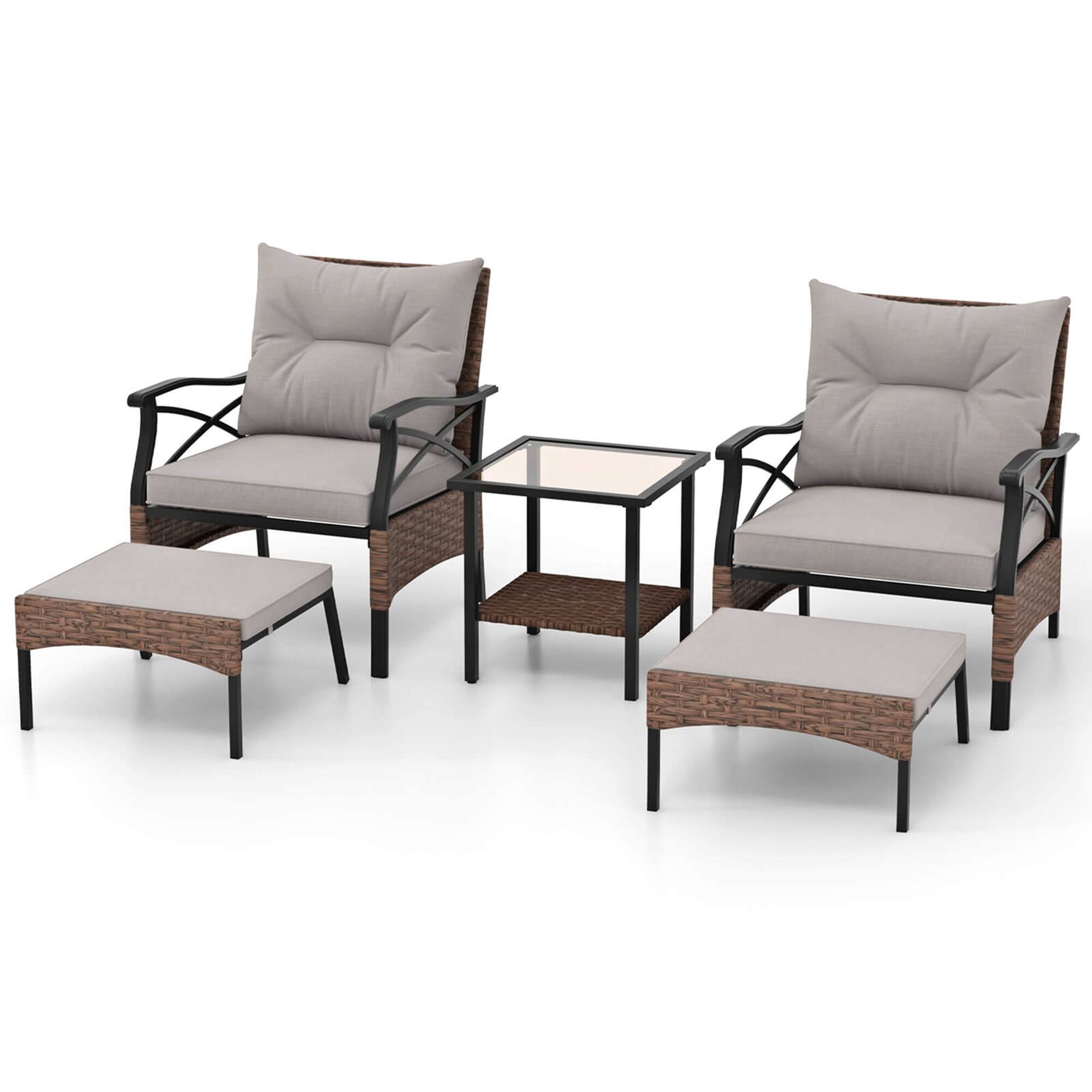 Alt View 9. Costway - 5 PCS Patio Furniture Set with 2-Tier Coffee Table & 2 Ottomans Cushions Included - Mix Brown + Grey.