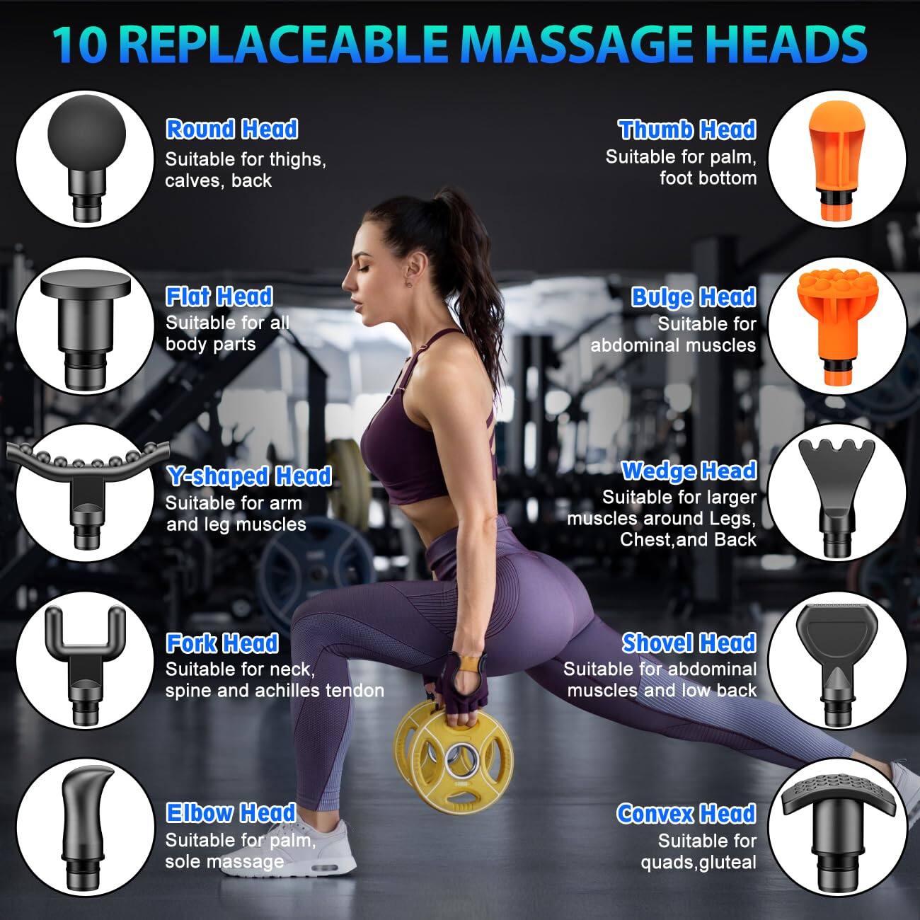 10 REPLACEABLE MASSAGE HEADS

- Round Head
  - Suitable for thighs, calves, back

- Flat Head
  - Suitable for all body parts

- Y-shaped Head
  - Suitable for arm and leg muscles

- Fork Head
  - Suitable for neck, spine and Achilles tendon

- Elbow Head
  - Suitable for palm, sole massage

- Thumb Head
  - Suitable for palm, foot bottom

- Bulge Head
  - Suitable for abdominal muscles

- Wedge Head
  - Suitable for larger muscles around legs, chest, and back

- Shovel Head
  - Suitable for abdominal muscles and low back

- Convex Head
  - Suitable for quads, gluteal