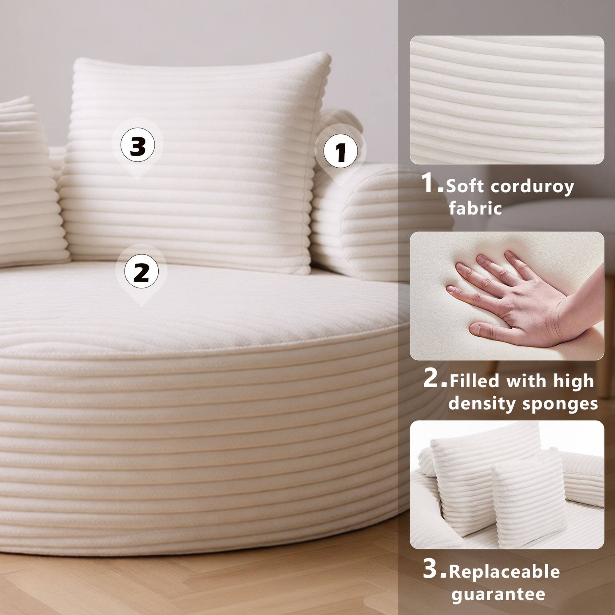 1. Soft corduroy fabric  
2. Filled with high density sponges  
3. Replaceable guarantee