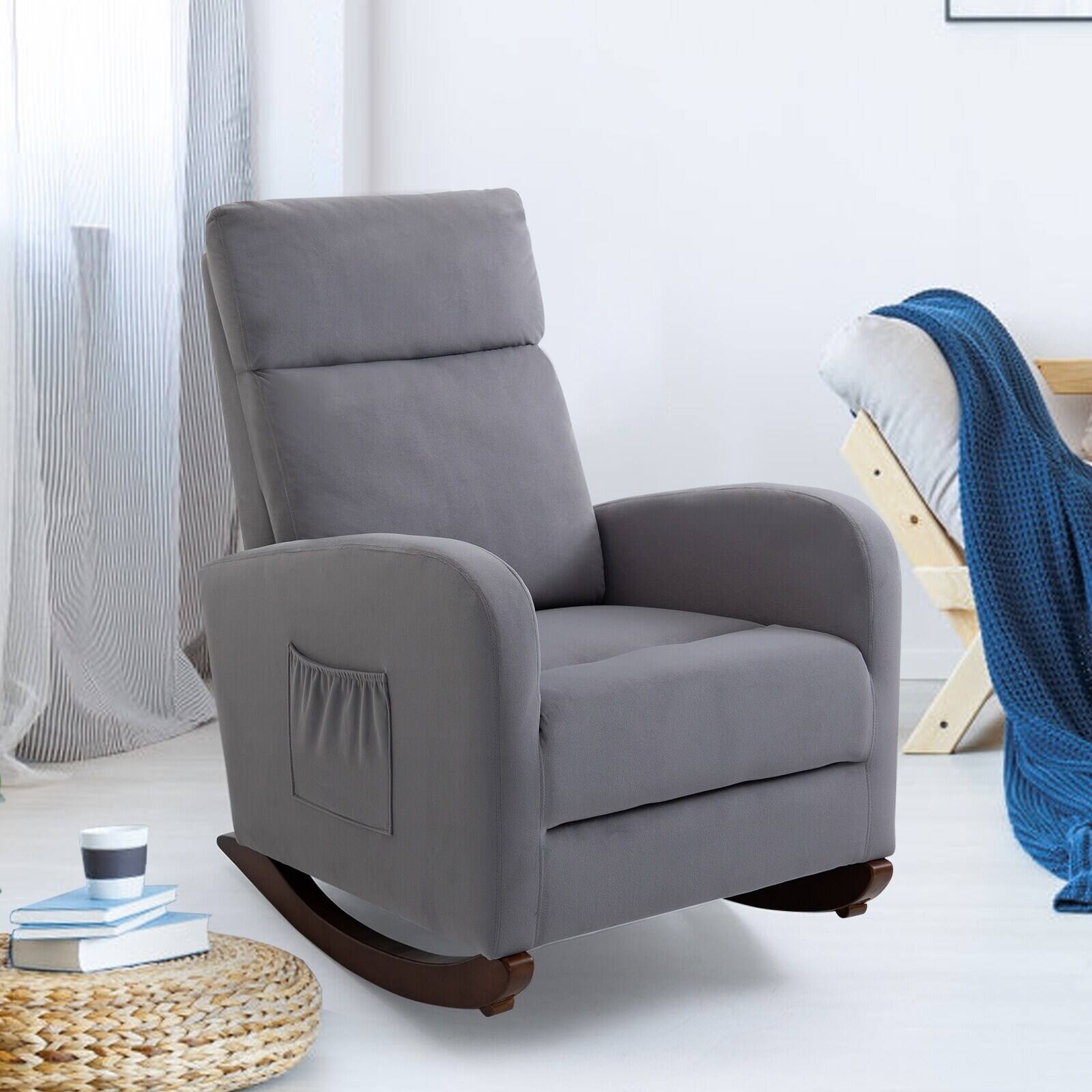 Alt View 4. U-HOMY - Mid Century Velvet Rocking Chair with High Back – Upholstered Glider Armchair for Nursery or Living Room - Gray.