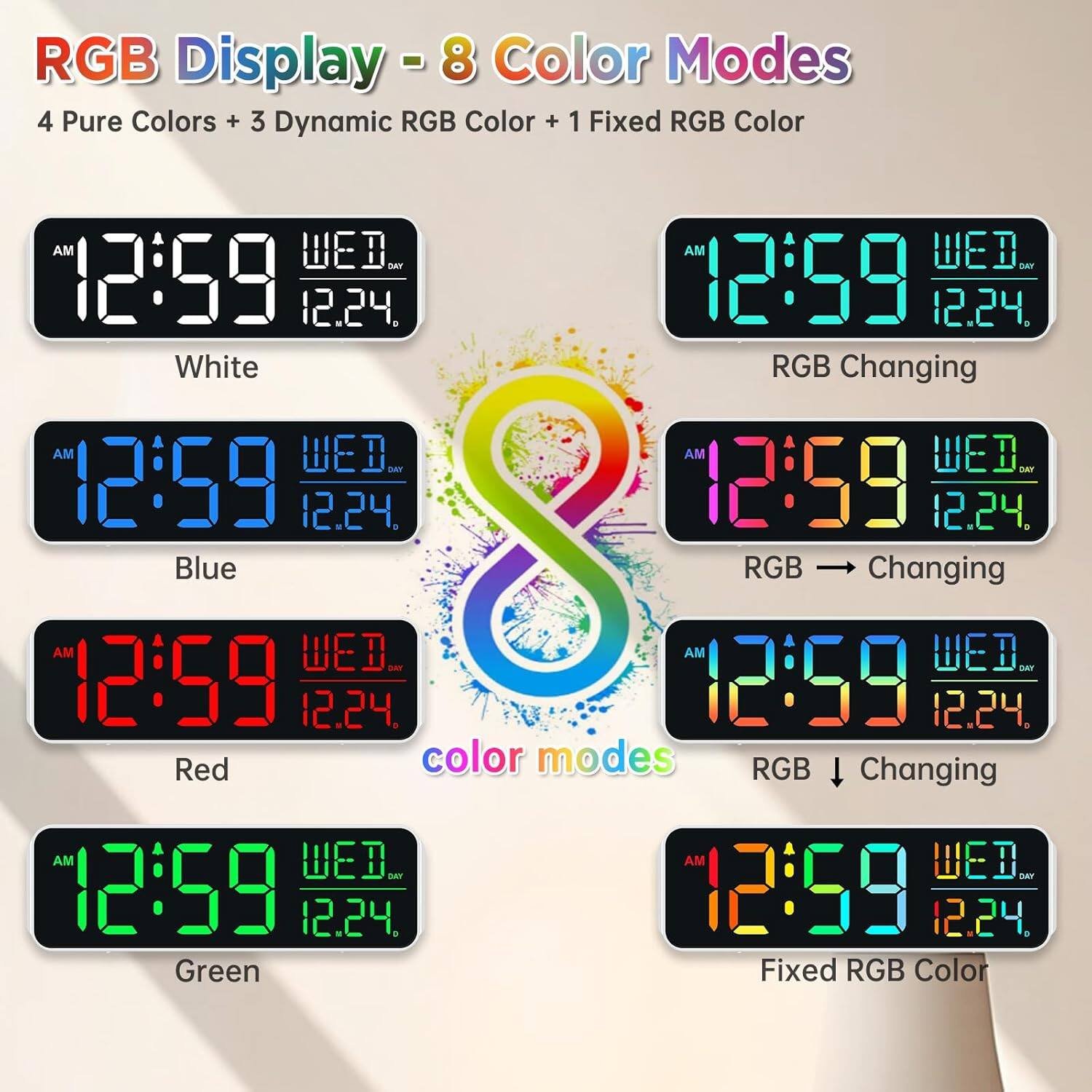 RGB Display - 8 Color Modes  
4 Pure Colors + 3 Dynamic RGB Color + 1 Fixed RGB Color  

- White  
- Blue  
- Red  
- Green  
- RGB Changing  
- RGB → Changing  
- RGB ↓ Changing  
- Fixed RGB Color