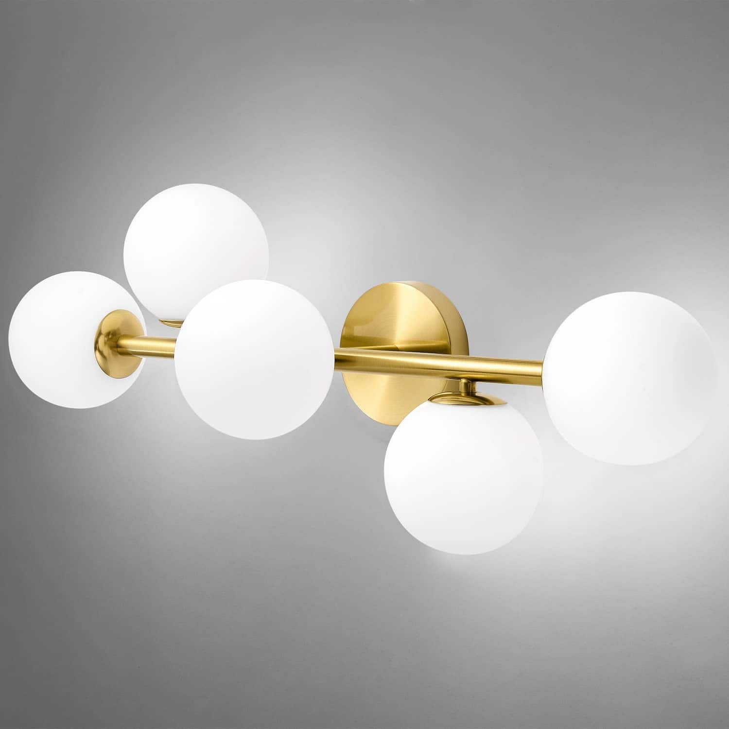 Earthley Blooms - Bathroom Vanity Lights Mid Century Modern Light Fixtures Chrome Ceiling Wall Sconces Mount With Milk Globe - Brass Gold