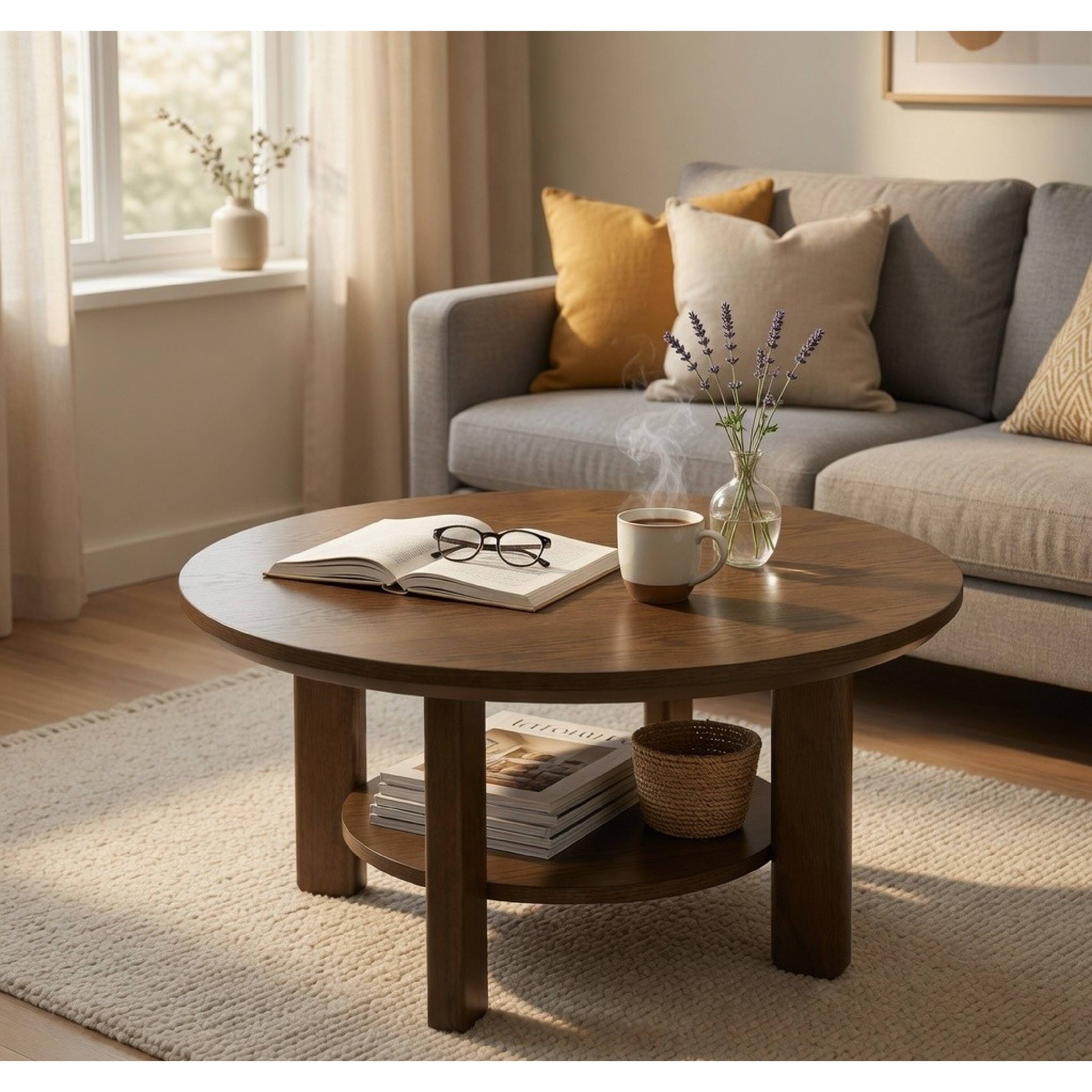 Alt View 5. Manhattan Lane - Clera Round Side End Table with Open Shelf, Wood 36 Inch - Brown.