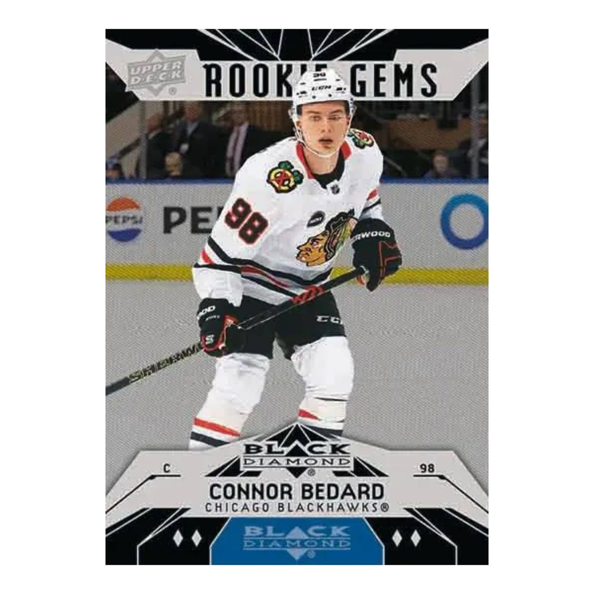 UPPER DECK  
ROOK' GEMS  
PEPSI  
98  
RWOOD  
O AOD  
SSA  
CG  
BL BLACK DIAMOND  
98  
CONNOR BEDARD  
CHICAGO BLACKHAWKS  
BL BLACK DIAMOND