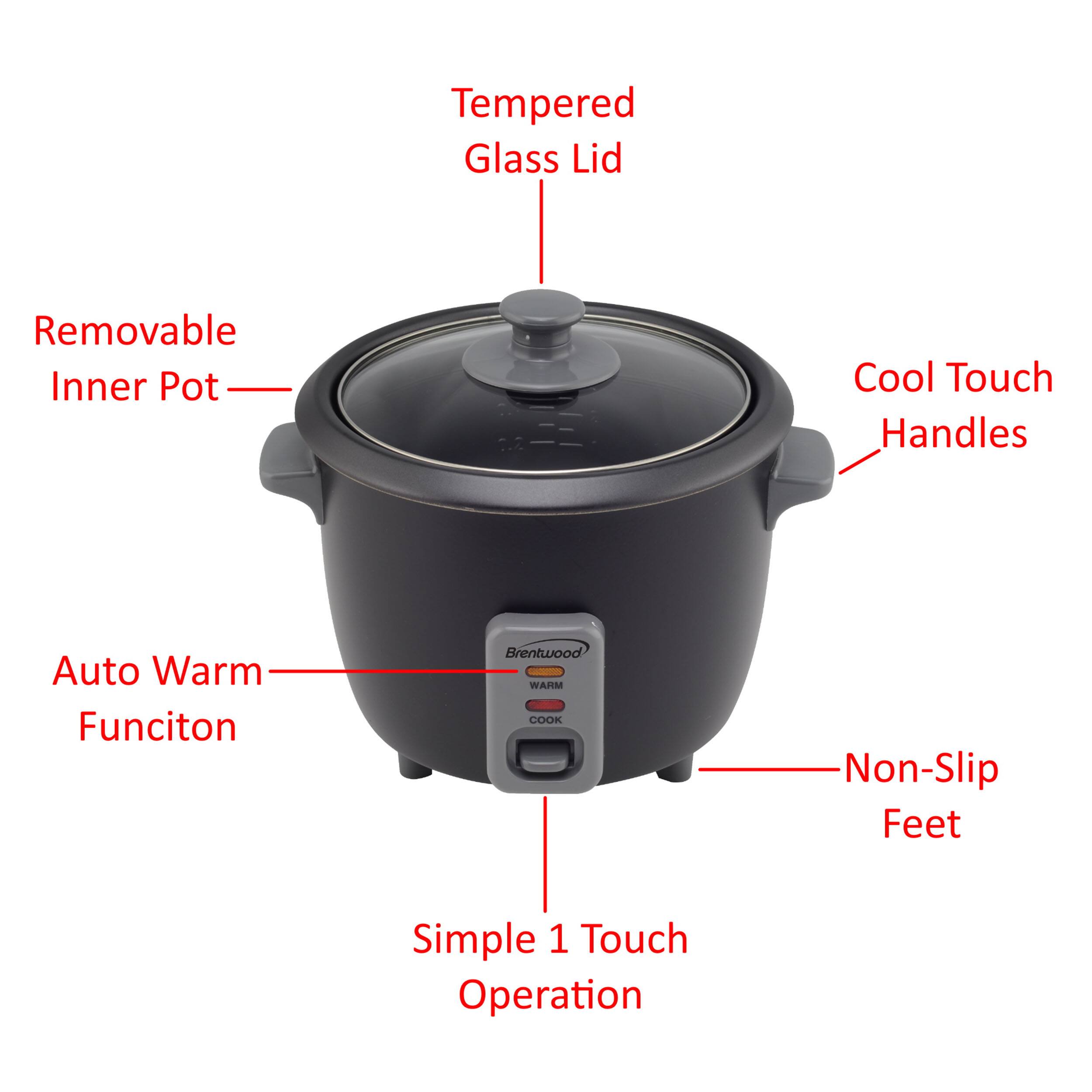 Tempered Glass Lid, Removable Inner Pot, Cool Touch Handles, Auto Warm Funciton, Brentwood WARM COOK, Non-Slip Feet, Simple 1 Touch Operation