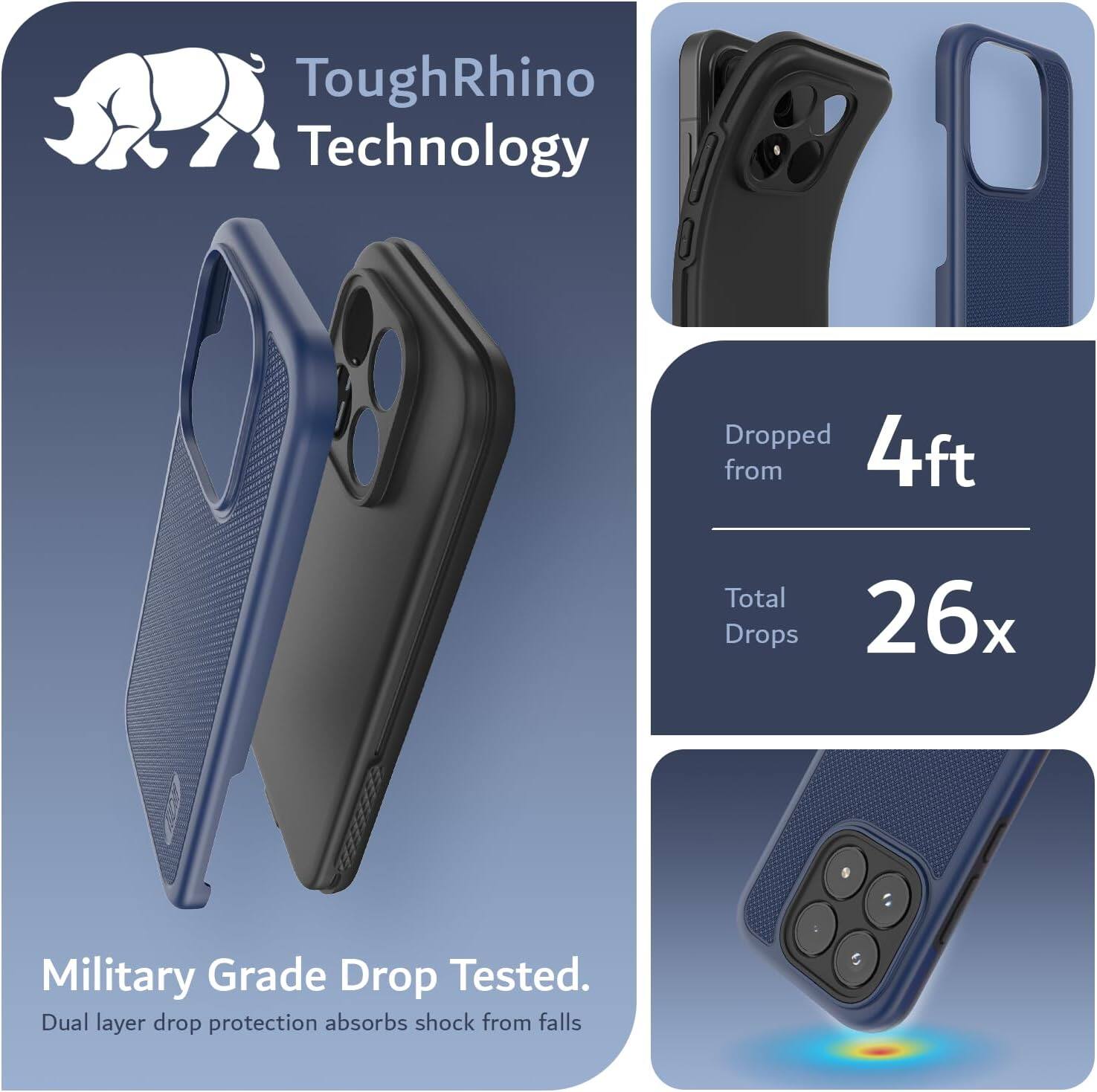 ToughRhino Technology Dropped from 4ft Total Drops 26x Military Grade Drop Tested. Dual layer drop protection absorbs shock from falls