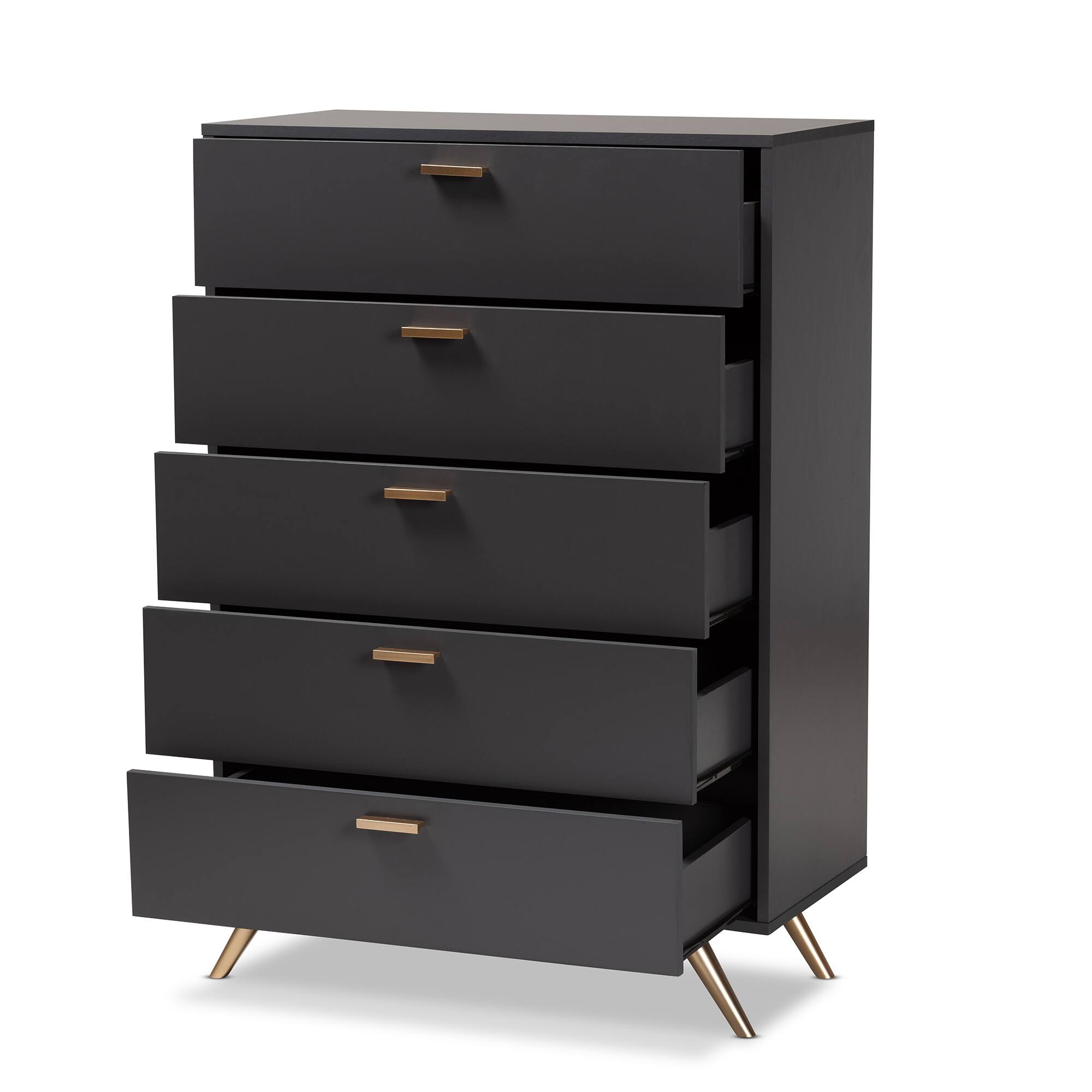 Angle. Baxton Studio - Kelson Modern and Contemporary Finished Wood 5-Drawer Chest - Dark Grey/Gold.