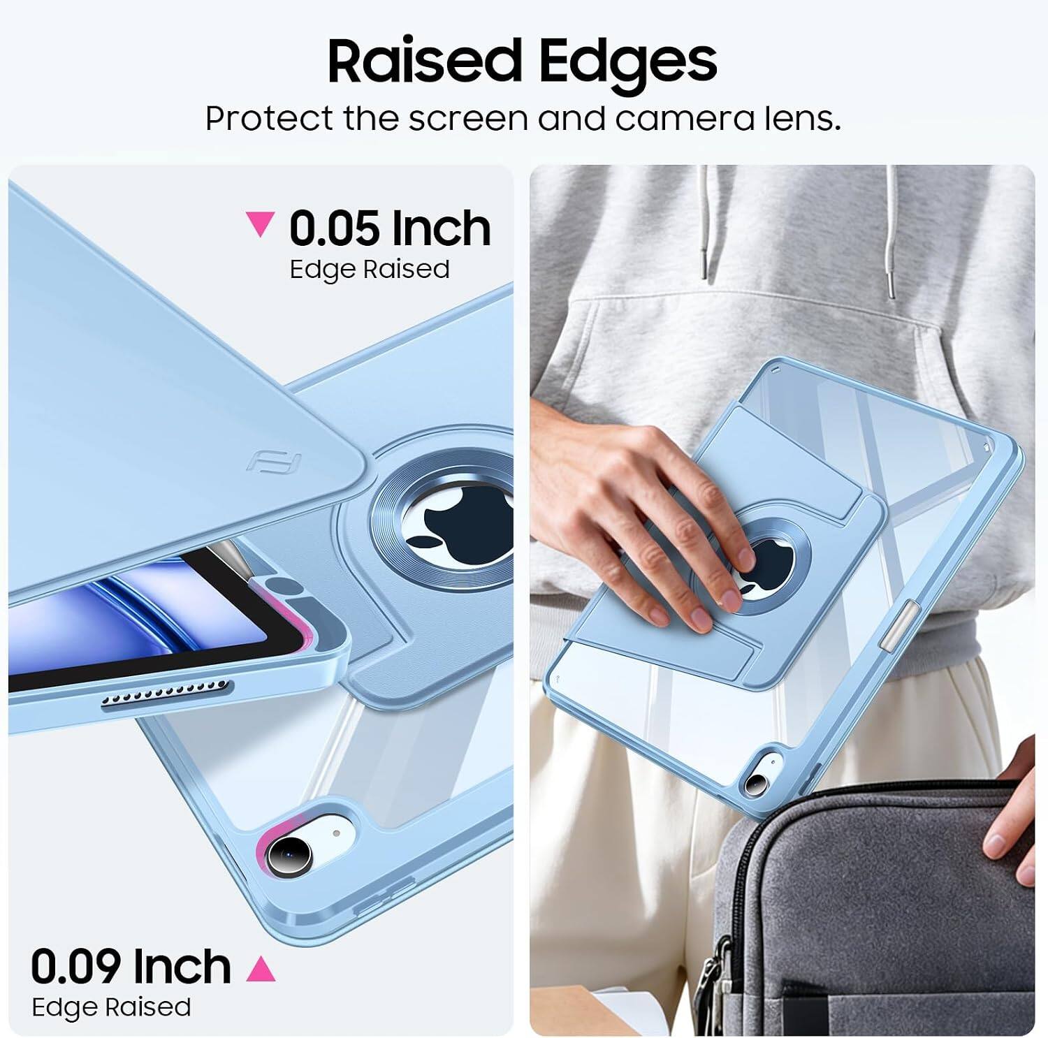 Raised Edges Protect the screen and camera lens.

0.05 Inch Edge Raised

0.09 Inch Edge Raised