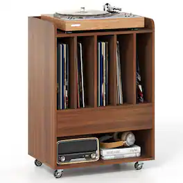 Costway - Record Player Stand with Drawer & Record Holder,Lockable Wheels for Living Room - Walnut