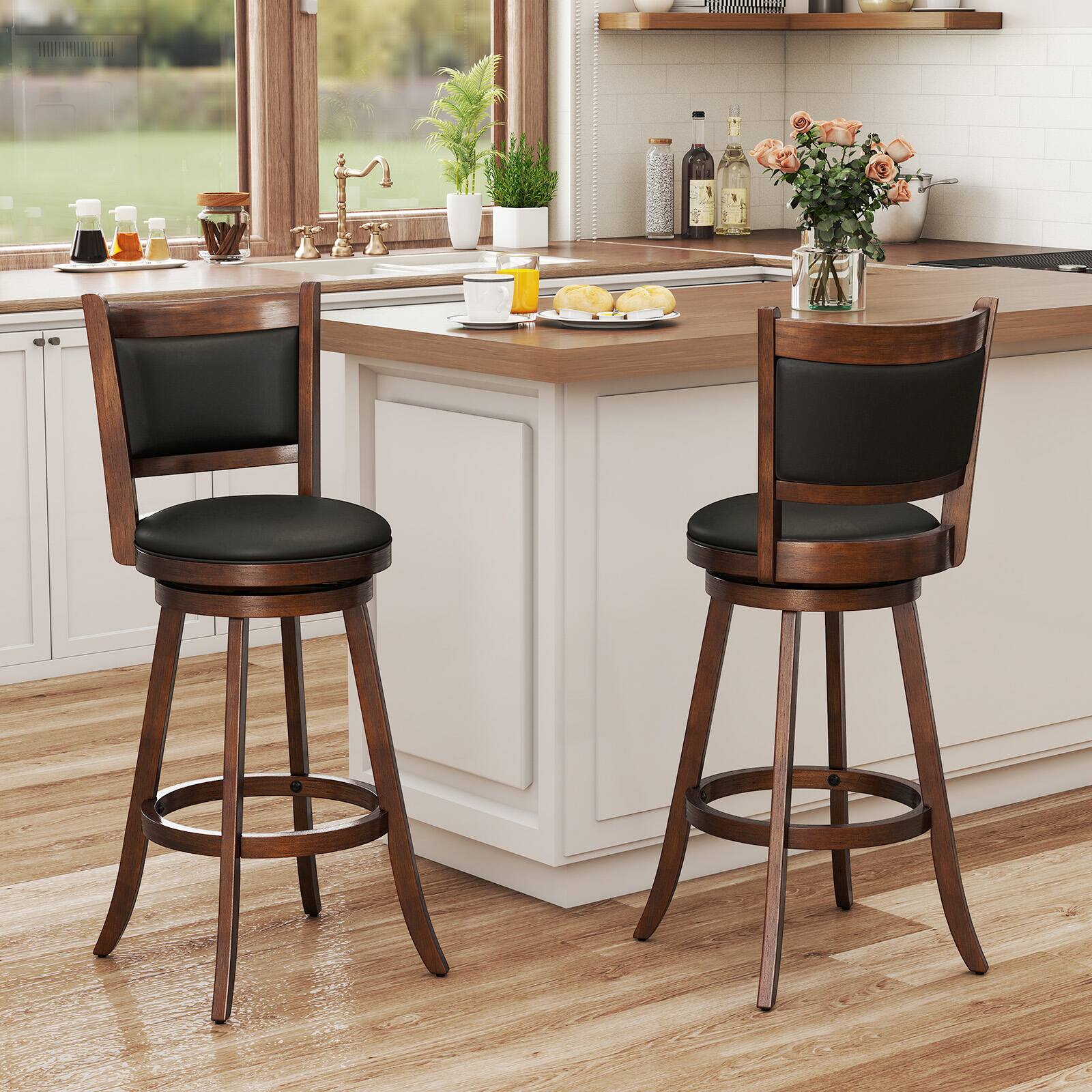 Alt View 1. Costway - Costway Set of 2 29" Swivel Bar Height Stool Wood Dining Chair Upholstered Seat Panel Back - Espresso.